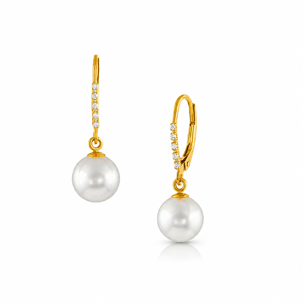 14K Yellow Gold Diamond and 8-8.5mm Akoya Leverback Drop Earrings