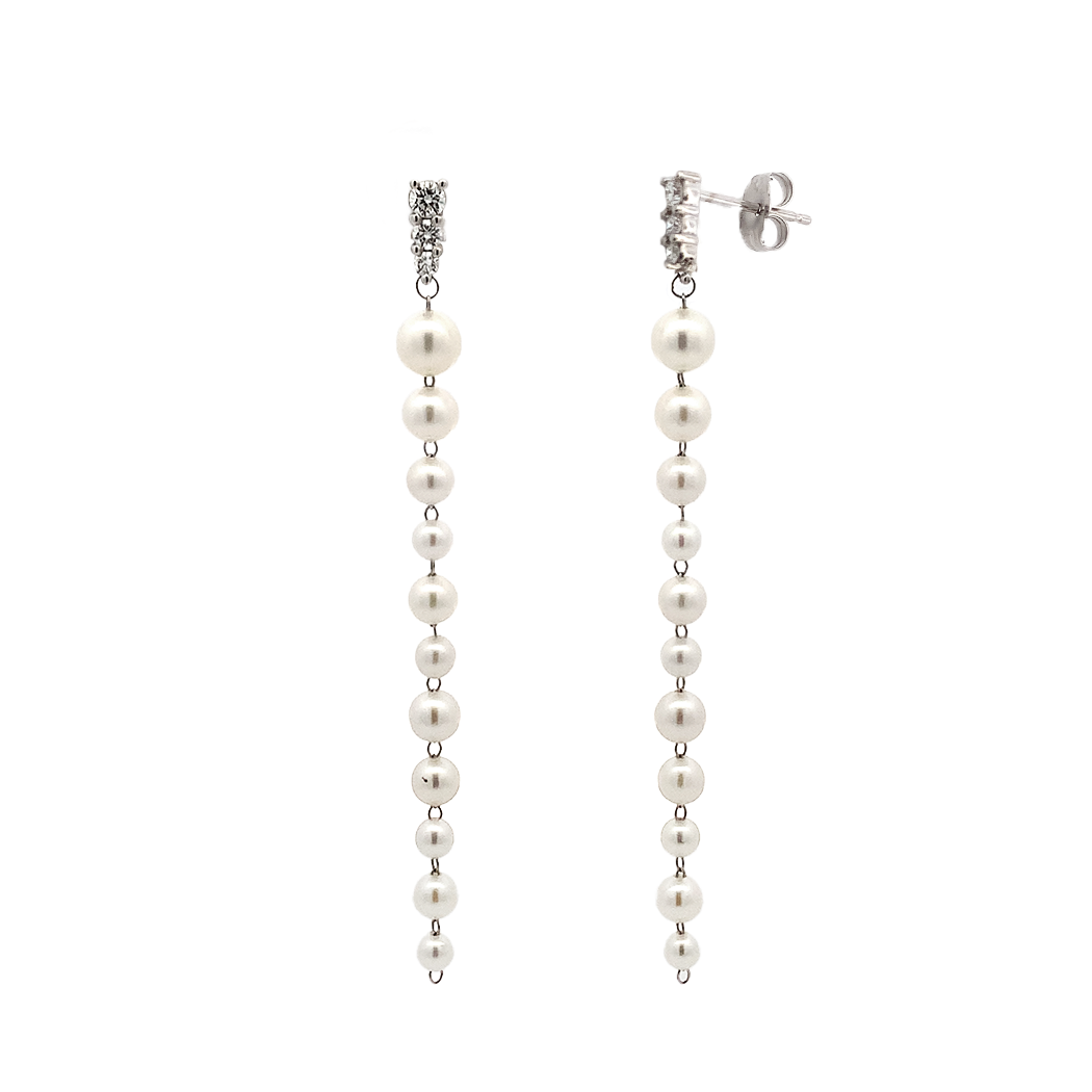 14K White Gold Pearl Dangling and Diamond Earrings