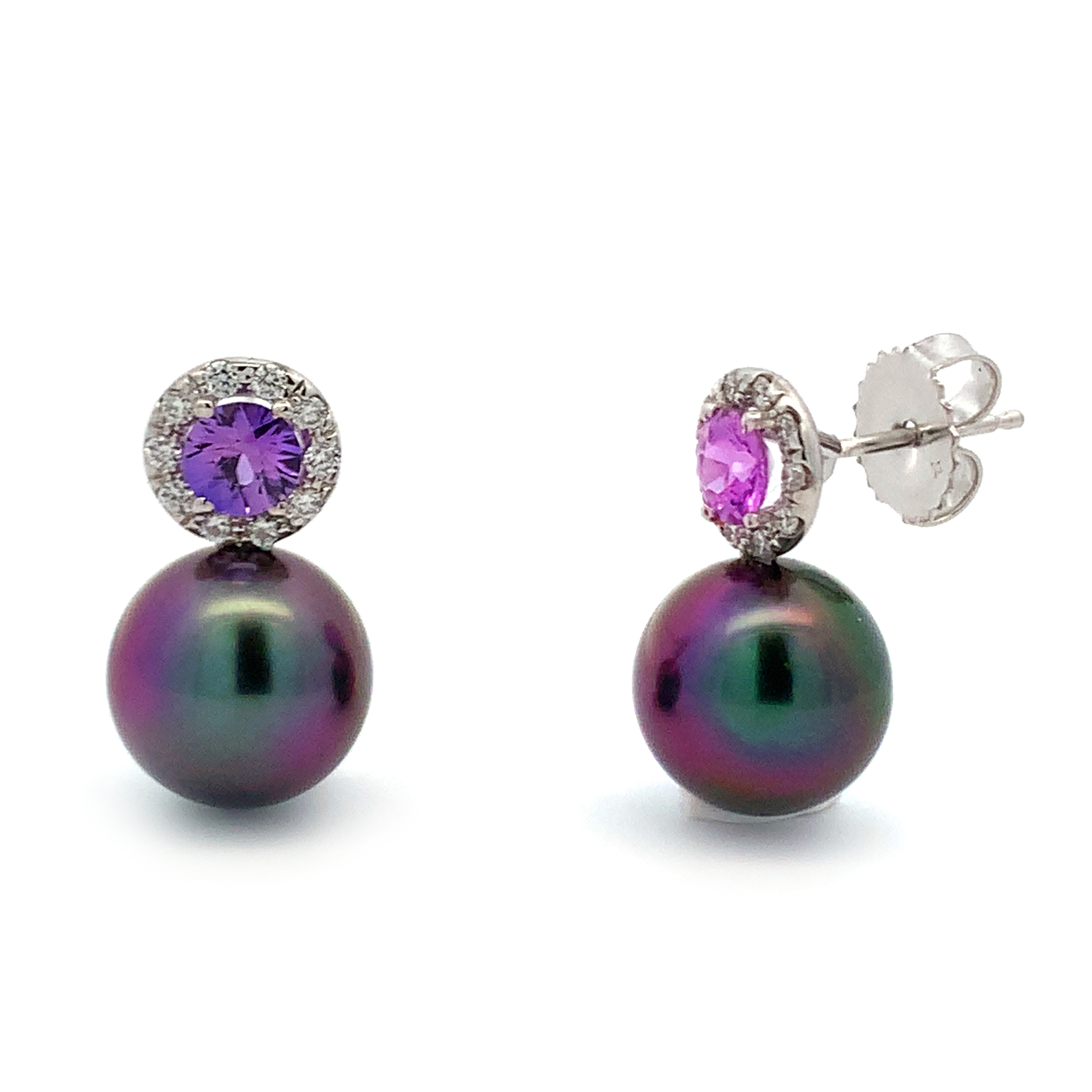 14K White Gold Tahitian Pearl and Pink Sapphire Pearl Earrings