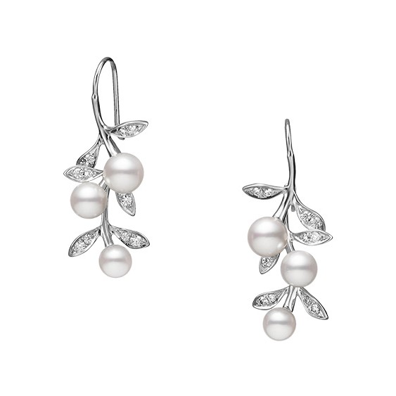 Mikimoto 18K White Gold Akoya Pearl & Diamond Dangling Leafl Earrings