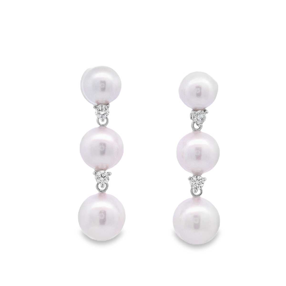 14K White Gold Large Graduated Akoya Pearl and Diamond Dangling Earrings