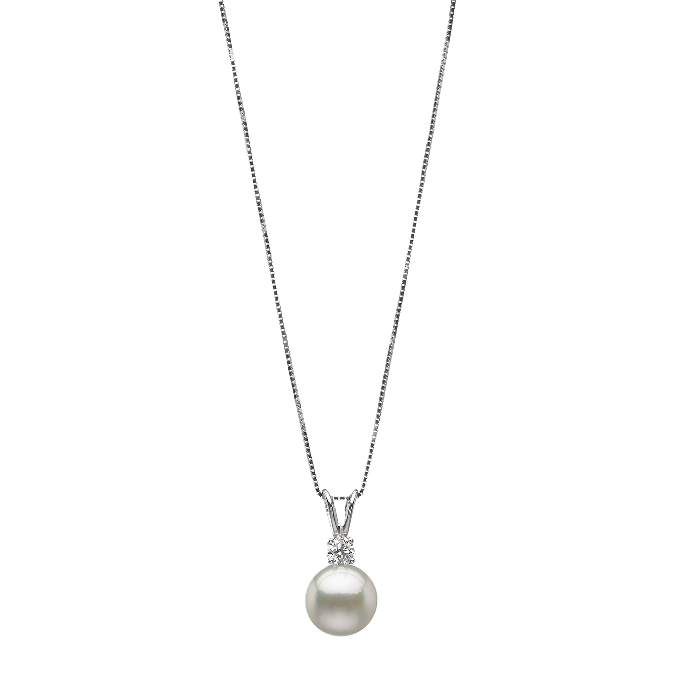 14K White Gold Diamond and Akoya White Pearl Bunny Ear Pendant with Chain