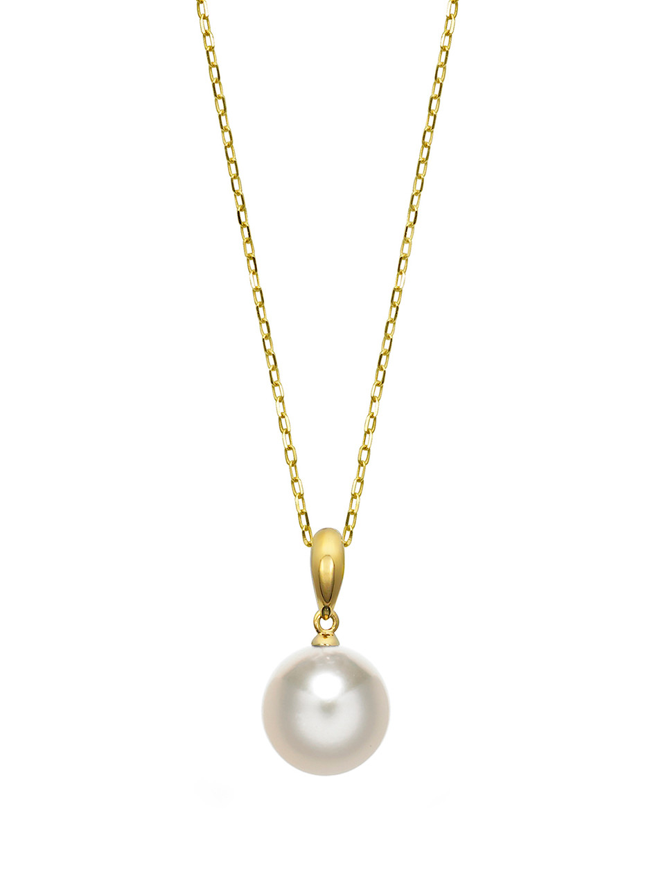 14K Yellow Gold White Akoya Pearl Pendant with Chain