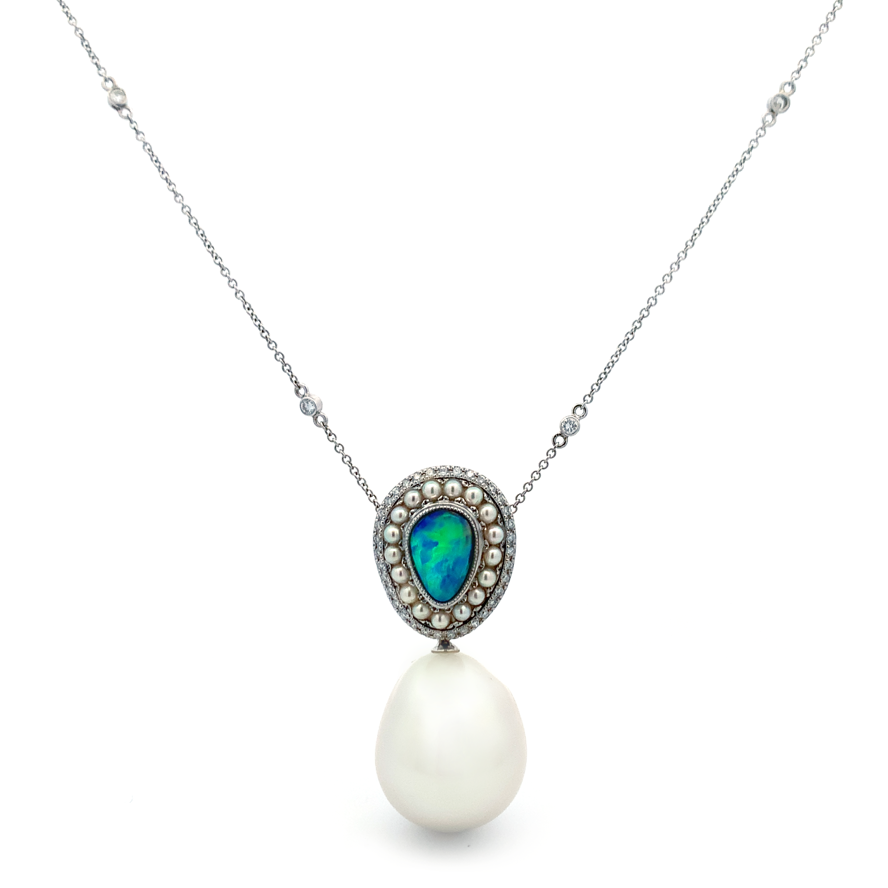 18K White Gold Baroque Pearl and Black Opal Pendant Necklace