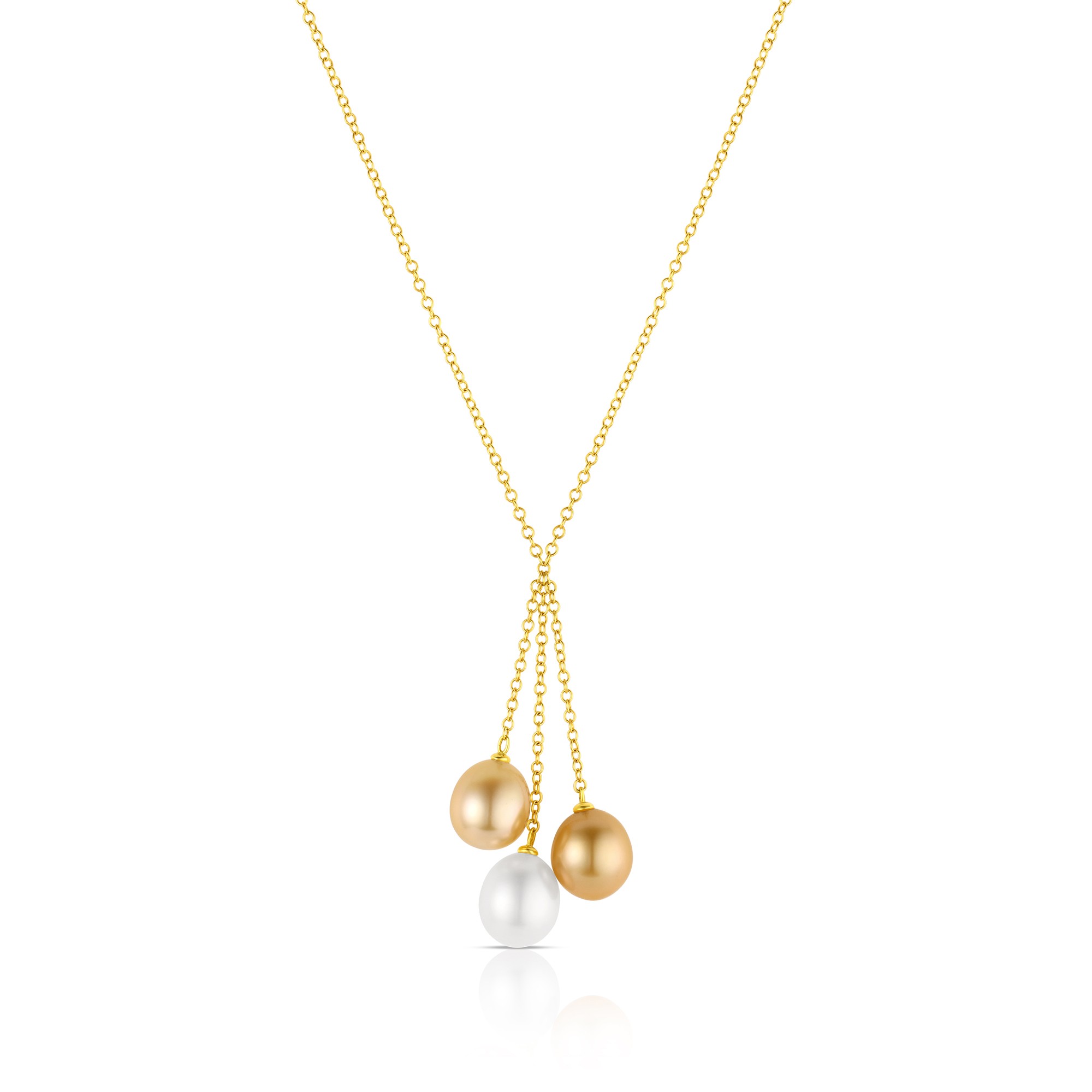 18K Yellow Gold Triple White & Golden South Sea Pearls Dangle Chain Necklace
