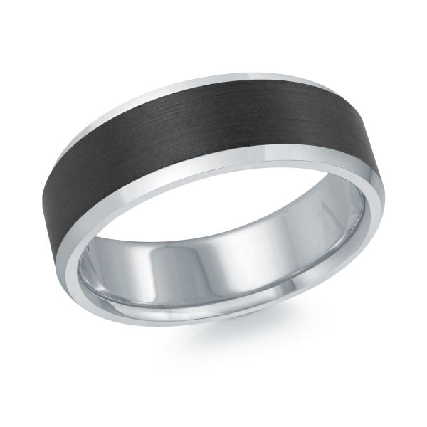 MALO 14K White Gold and Black Carbon Fiber 7mm Wide Wedding Band