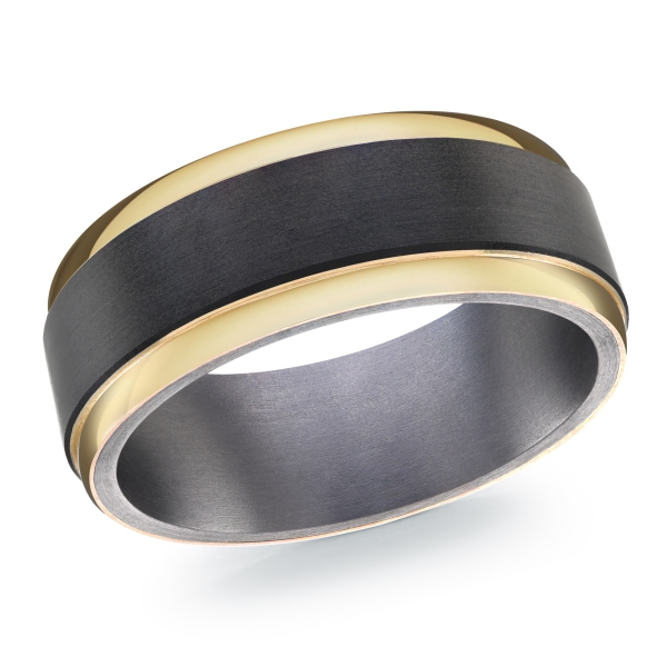 MALO 14K Gold & Black Carbon Fiber 8mm Wide Wedding Band with Tantalum Interior