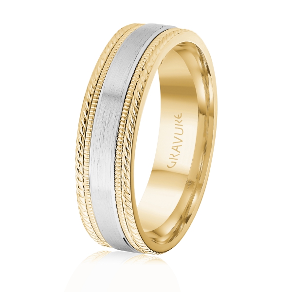 MALO 14K Gravure Two-Tone Wedding Band with Satin Center and Millgrain and Rope Edging