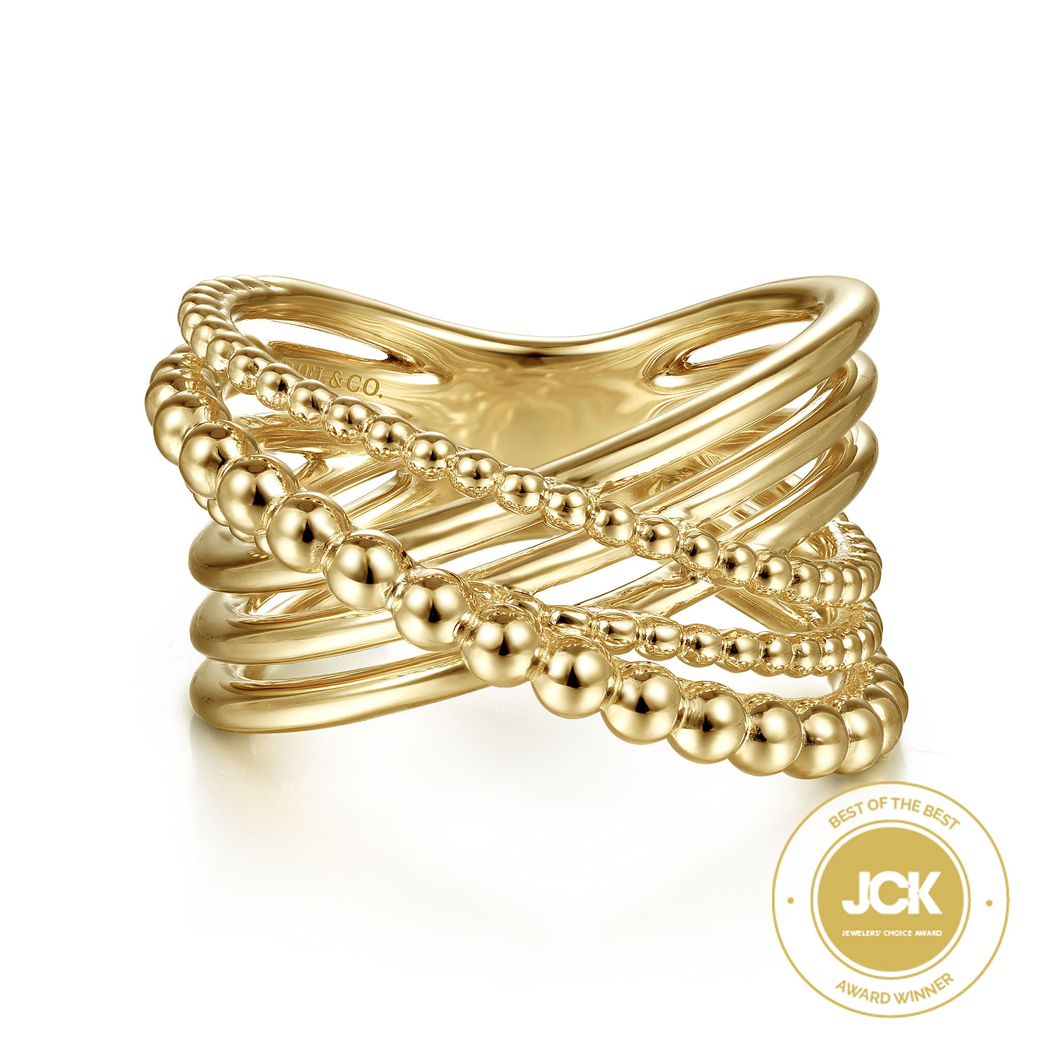 Gabriel & Co. 14K Yellow Gold High Polished Bujukan Bead Criss Cross Ring