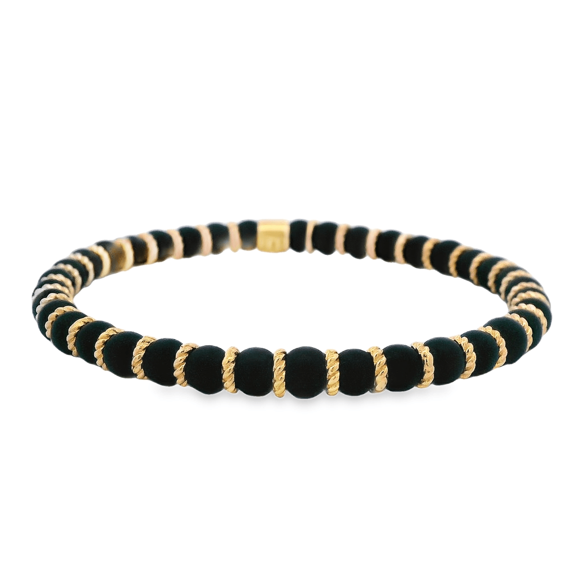 Luigi Tavanti 18K Yellow Gold Black Bead & Gold Rings Stretch Bracelet
