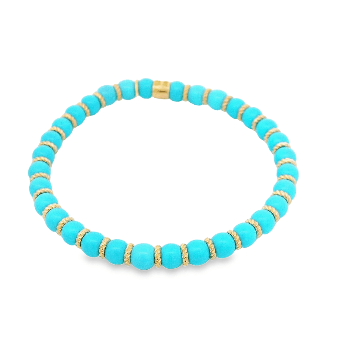 Luigi Tavanti 18K Yellow Gold Light Blue Bead & Gold Rings Stretch Bracelet