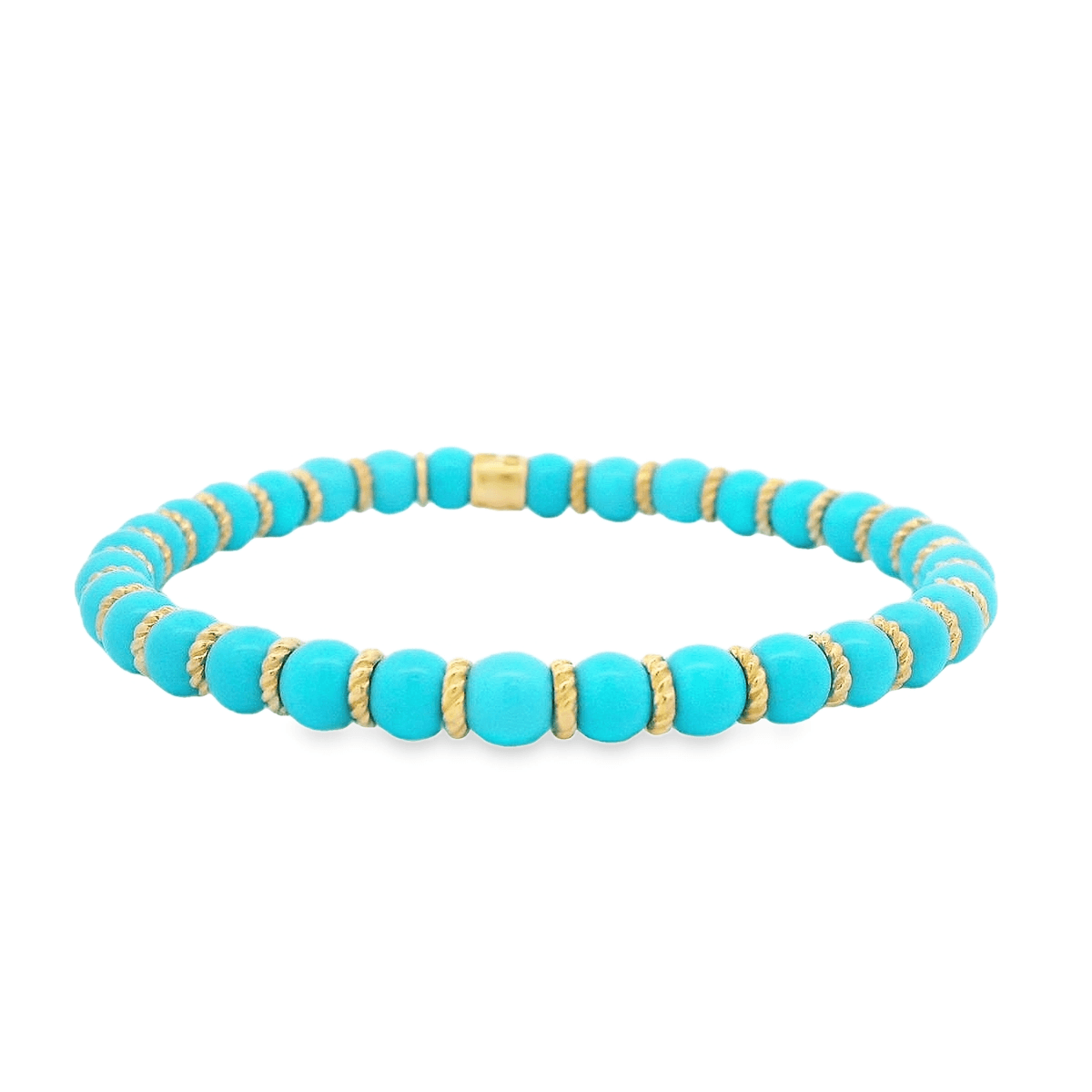 Luigi Tavanti 18K Yellow Gold Light Blue Bead & Gold Rings Stretch Bracelet