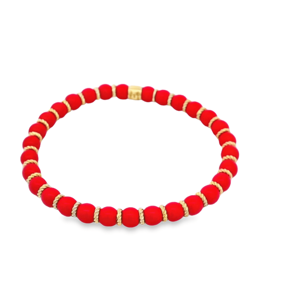 Luigi Tavanti 18K Yellow Gold Red Bead & Gold Rings Stretch Bracelet