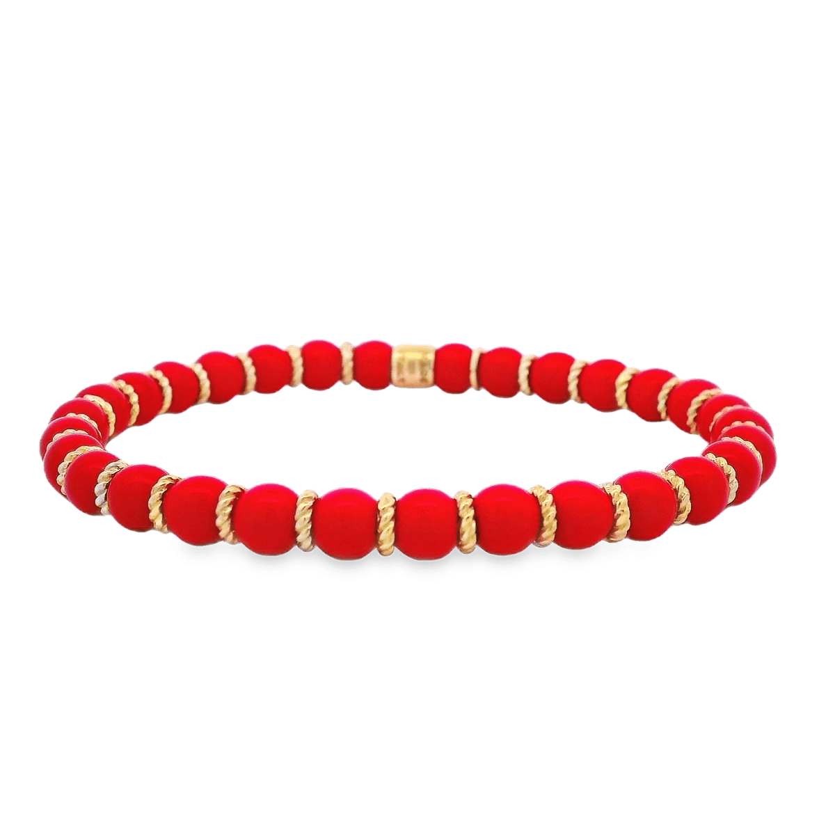 Luigi Tavanti 18K Yellow Gold Red Bead & Gold Rings Stretch Bracelet