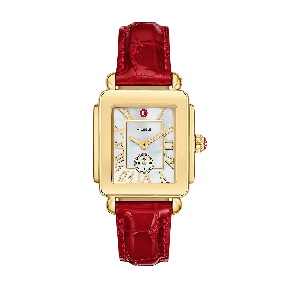 Michele Deco Sport Mid Gold-Plated Watch with Ruby Red Leather Strap
