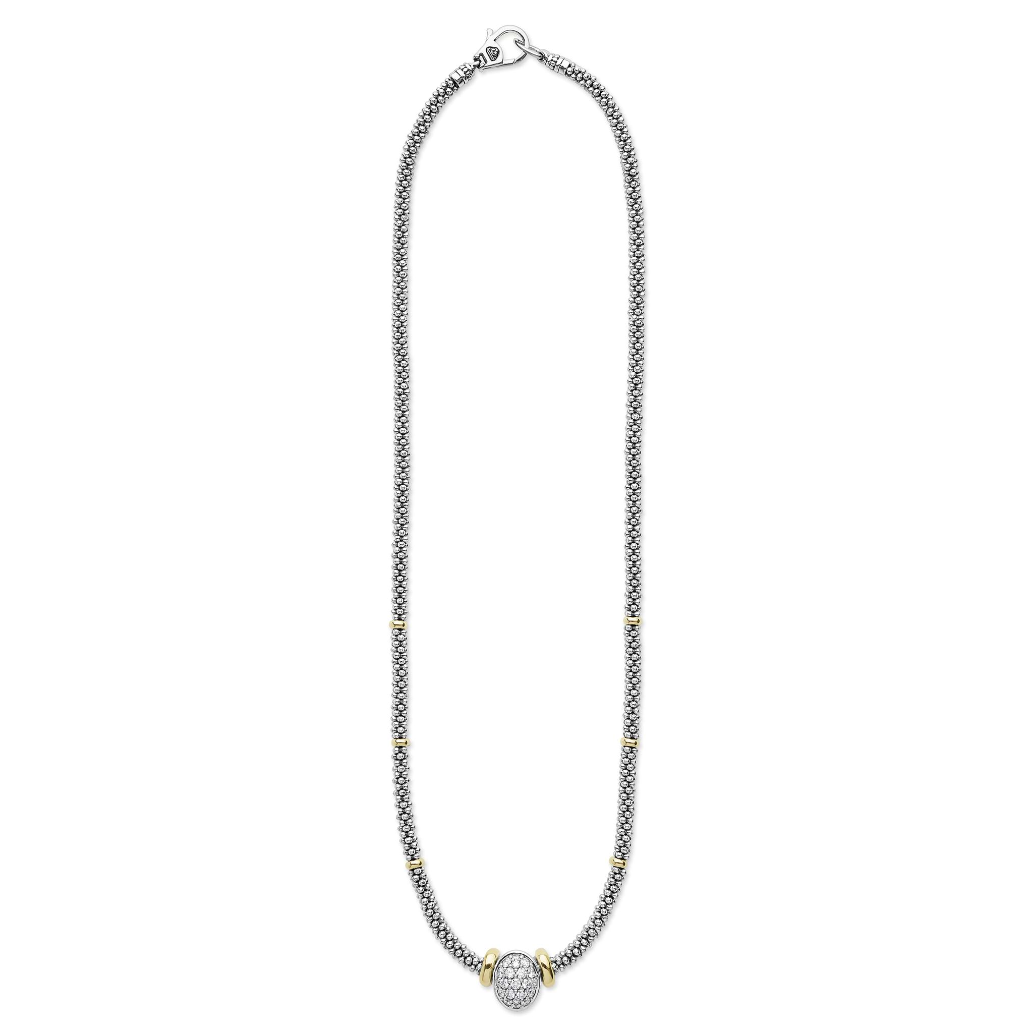 Lagos Sterling Silver & 18K Signature Oval Caviar Diamond Necklace