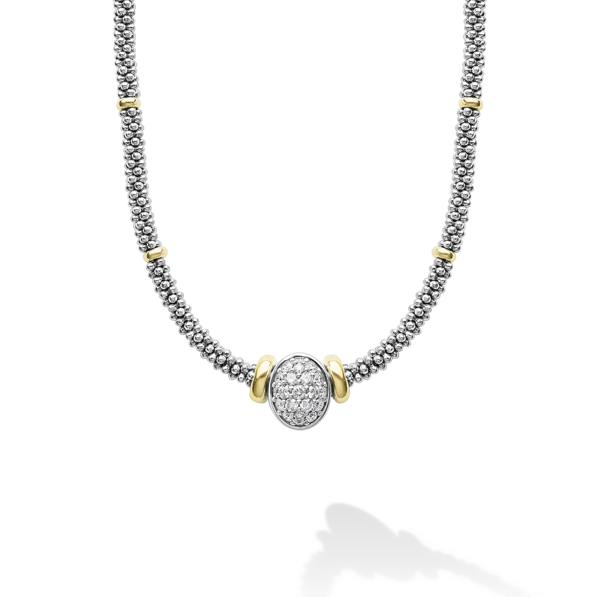 Lagos Sterling Silver & 18K Signature Oval Caviar Diamond Necklace