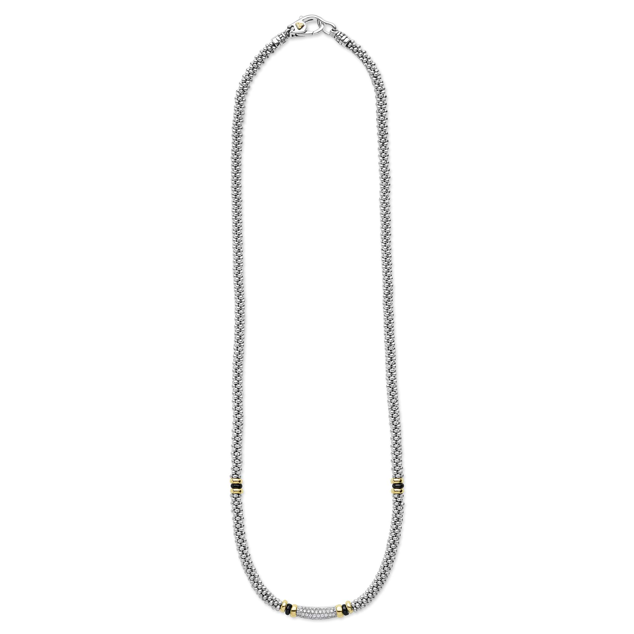 Lagos Sterling Silver & 18K Black Caviar Ceramic Diamond Bar Necklace