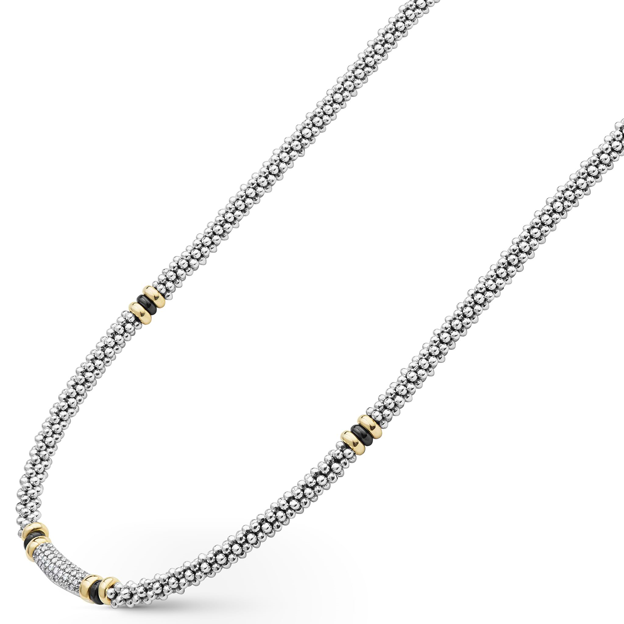 Lagos Sterling Silver & 18K Black Caviar Ceramic Diamond Bar Necklace