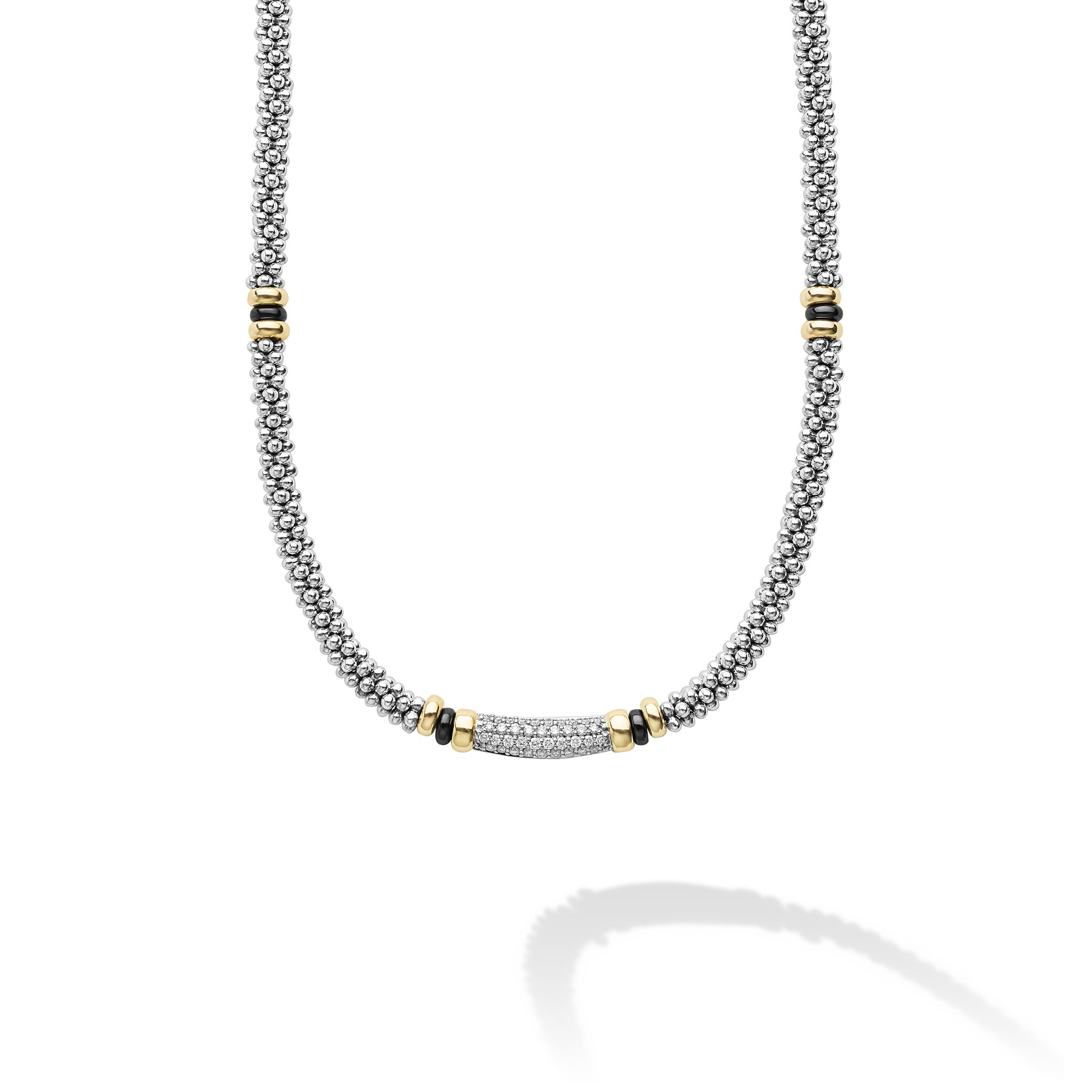 Lagos Sterling Silver & 18K Black Caviar Ceramic Diamond Bar Necklace
