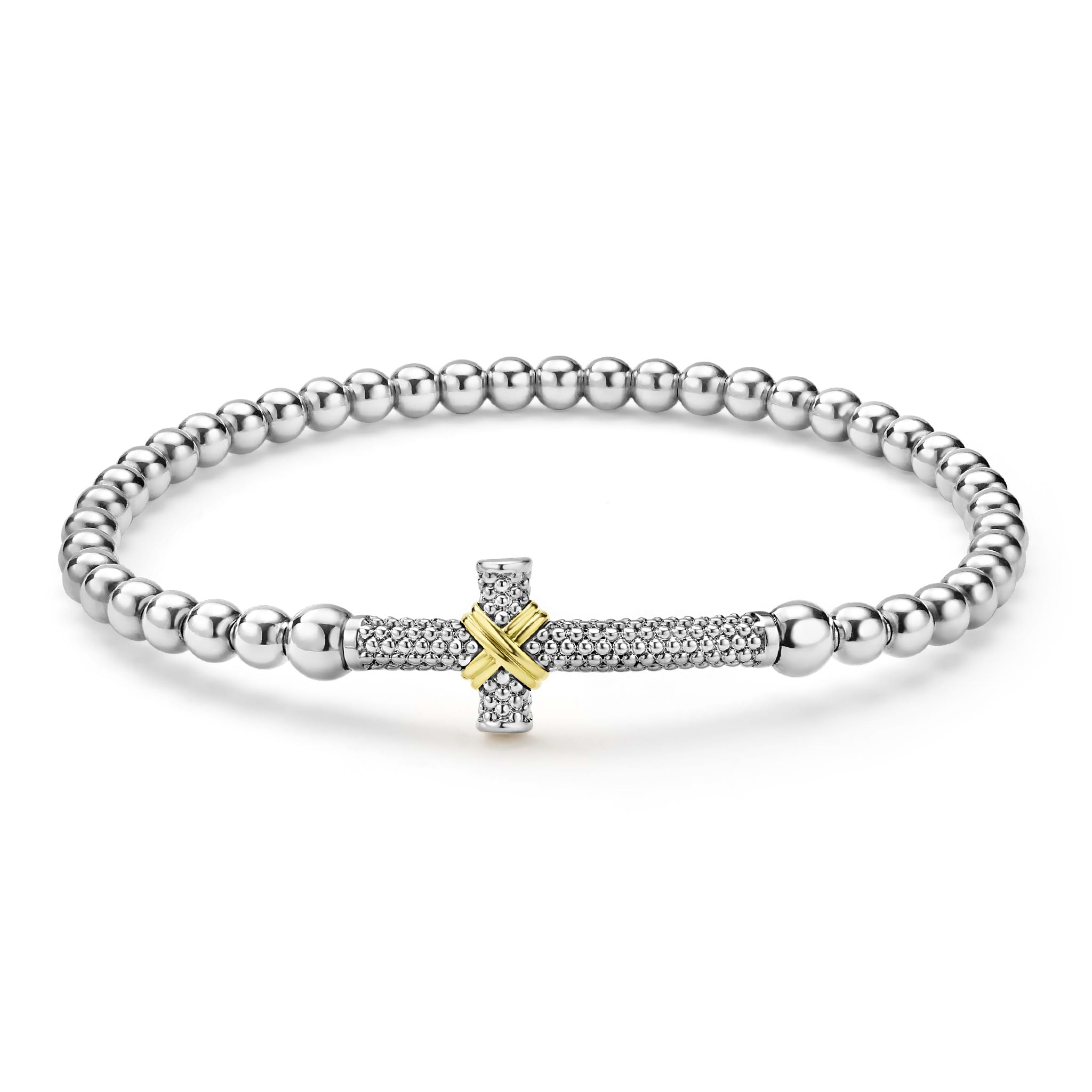 Lagos Sterling Silver & 18K Signature Caviar Cross Stretch Bracelet