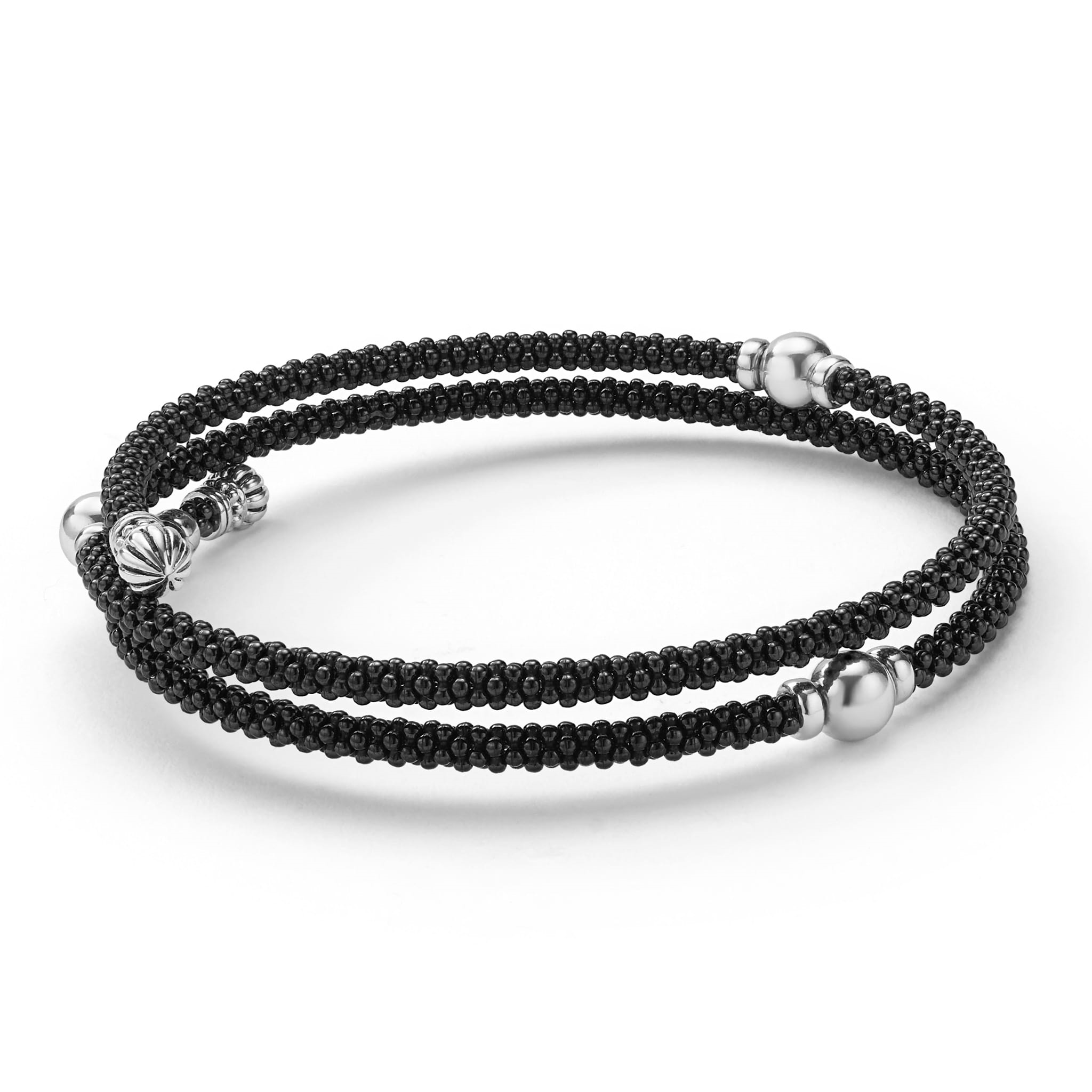 Lagos Sterlling Silver Black Caviar Ceramic Beaded Double Wrap Bracelet