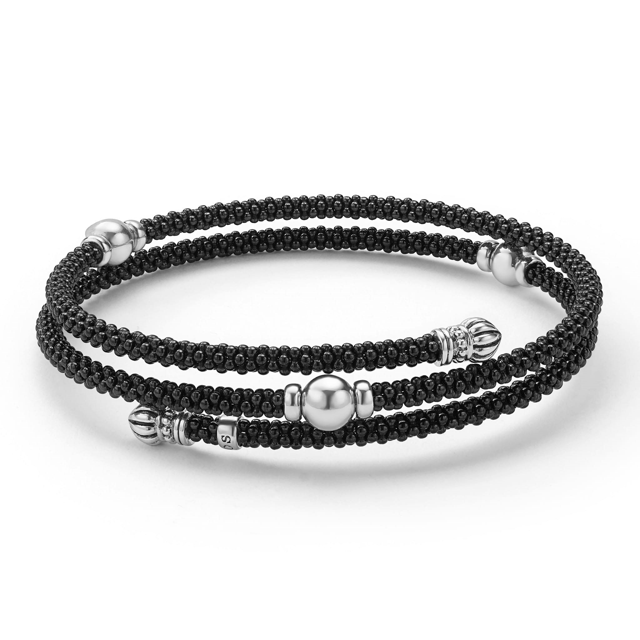 Lagos Sterlling Silver Black Caviar Ceramic Beaded Double Wrap Bracelet