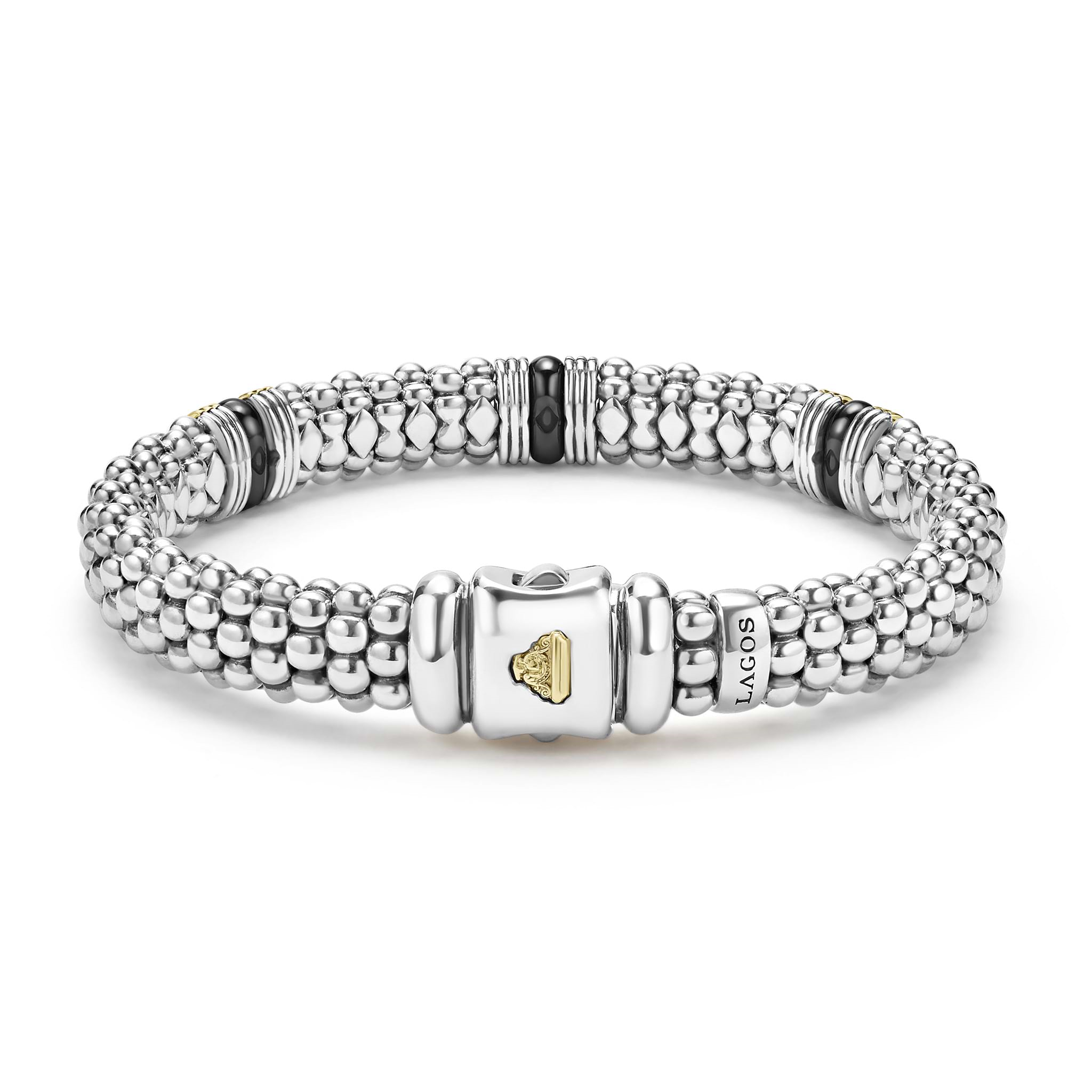 Lagos Sterling Silver & 18K Black Caviar Ceramic Fluted Station Rope Bracelet