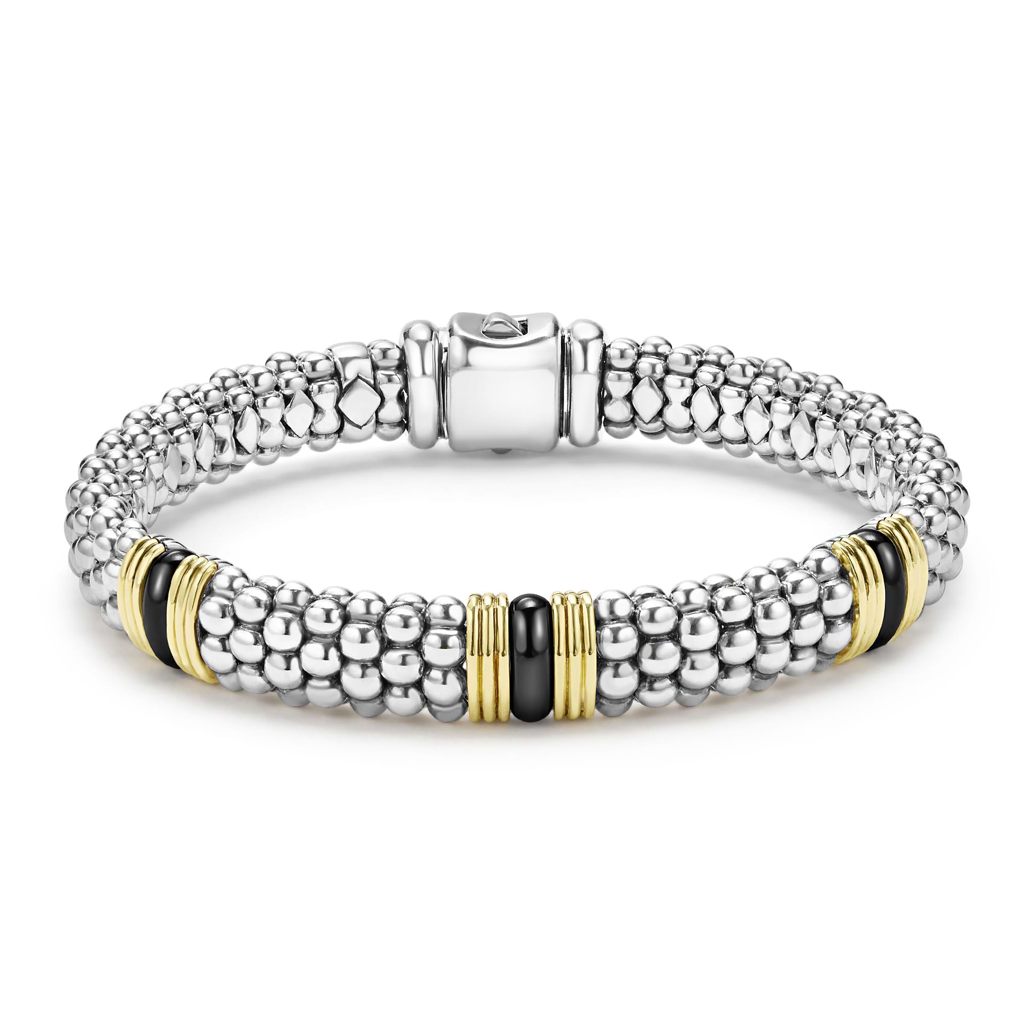 Lagos Sterling Silver & 18K Black Caviar Ceramic Fluted Station Rope Bracelet
