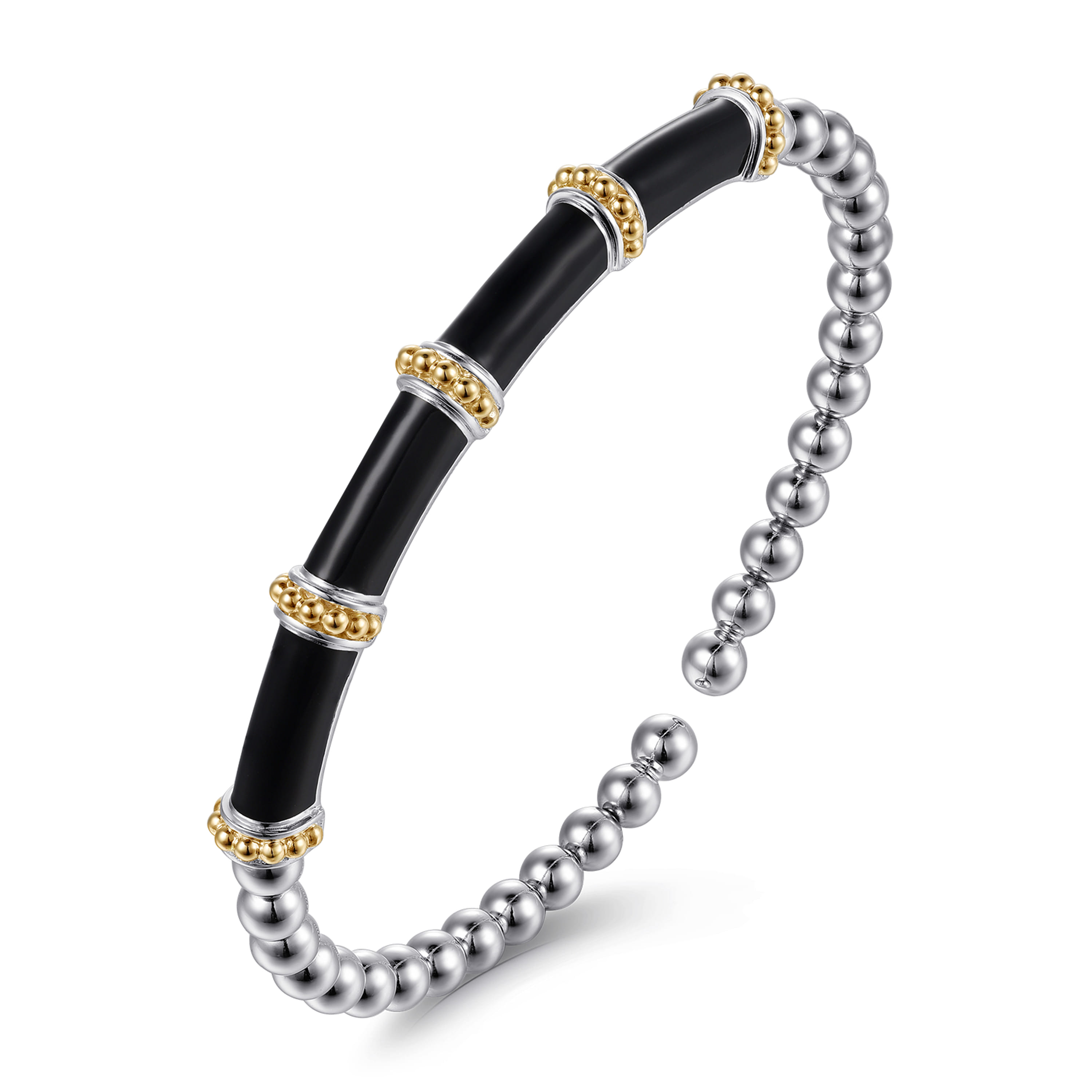 Gabriel & Co 14K Yellow Gold and Sterling Silver Bujukan and Bar Split Bangle with Black Enamel