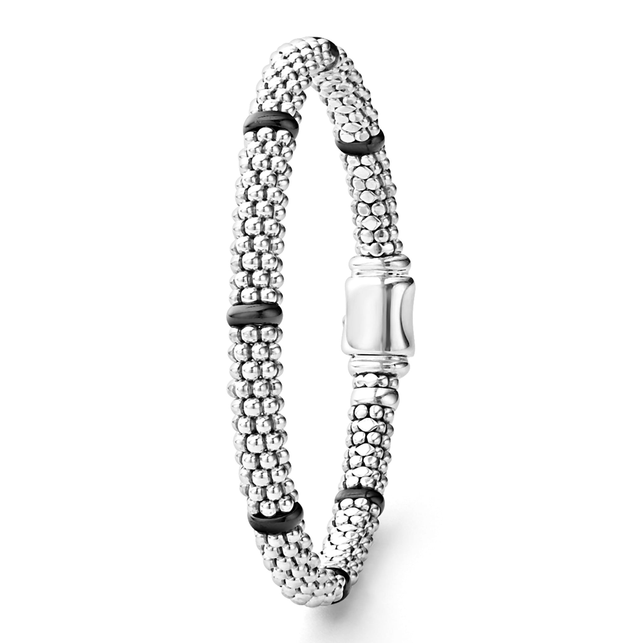Lagos Sterling Silver and Black Ceramic Station 6mm Caviar Bracelet