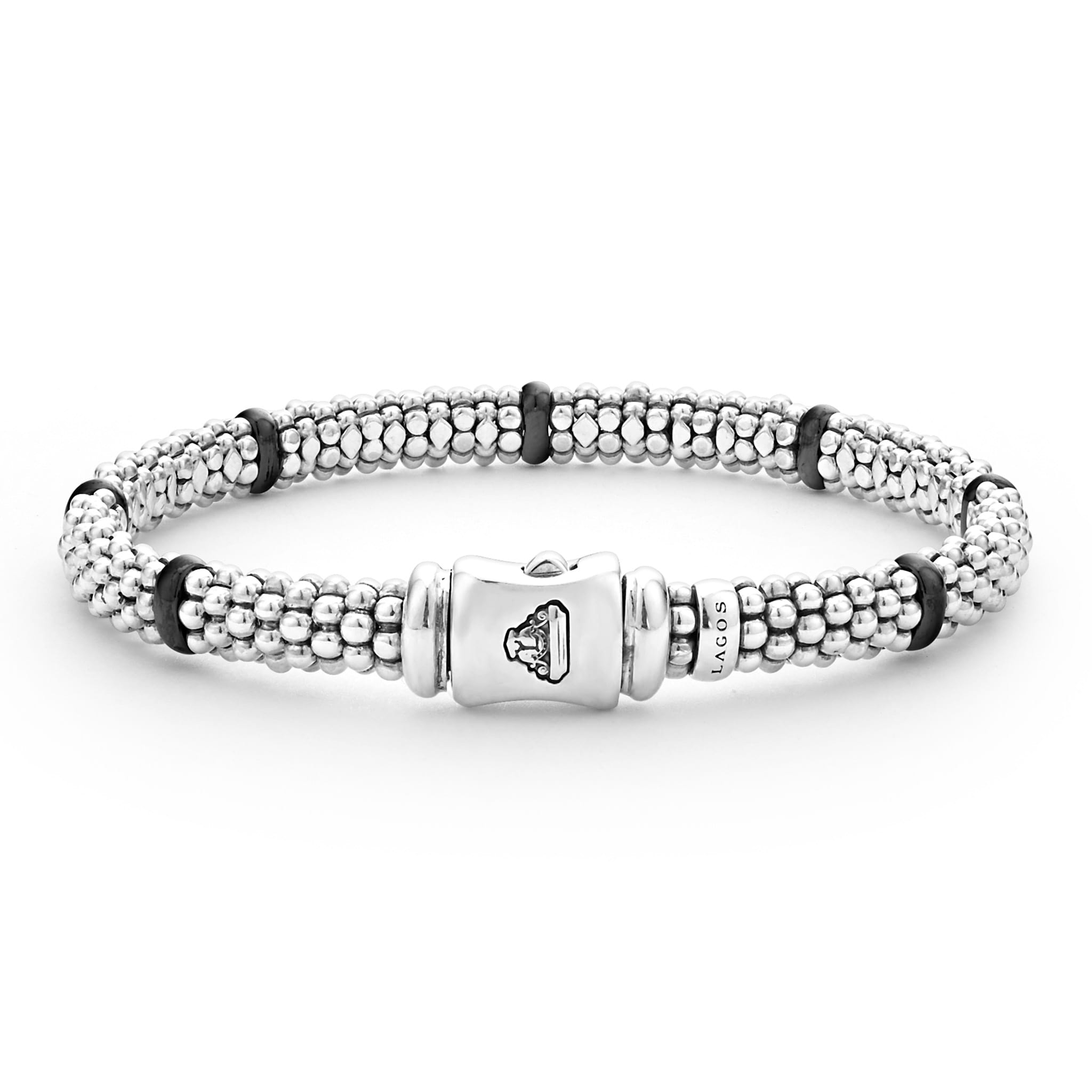 Lagos Sterling Silver and Black Ceramic Station 6mm Caviar Bracelet