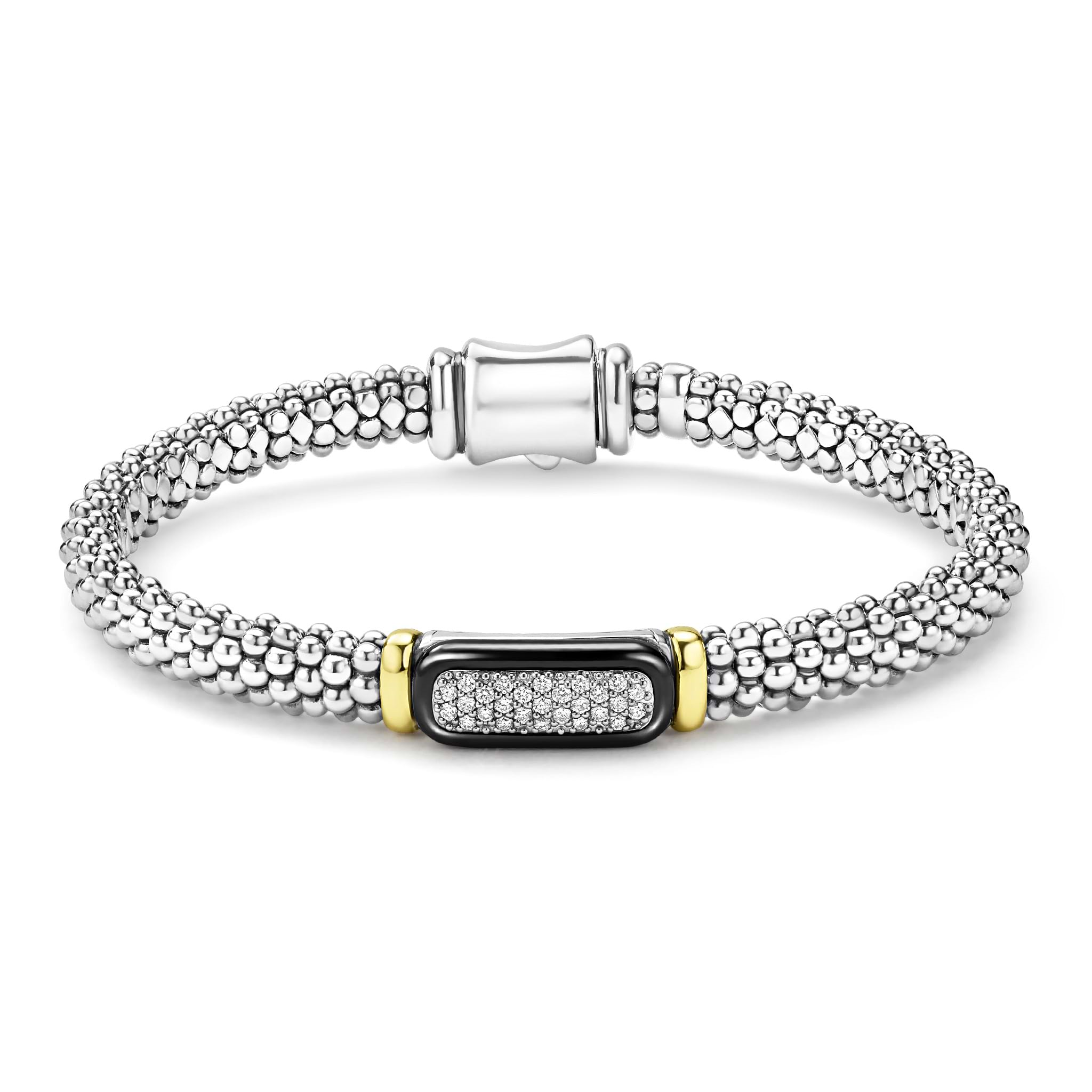 Lagos Sterling Silver & 18K Black Caviar Ceramic Diamond Bar Bracelet