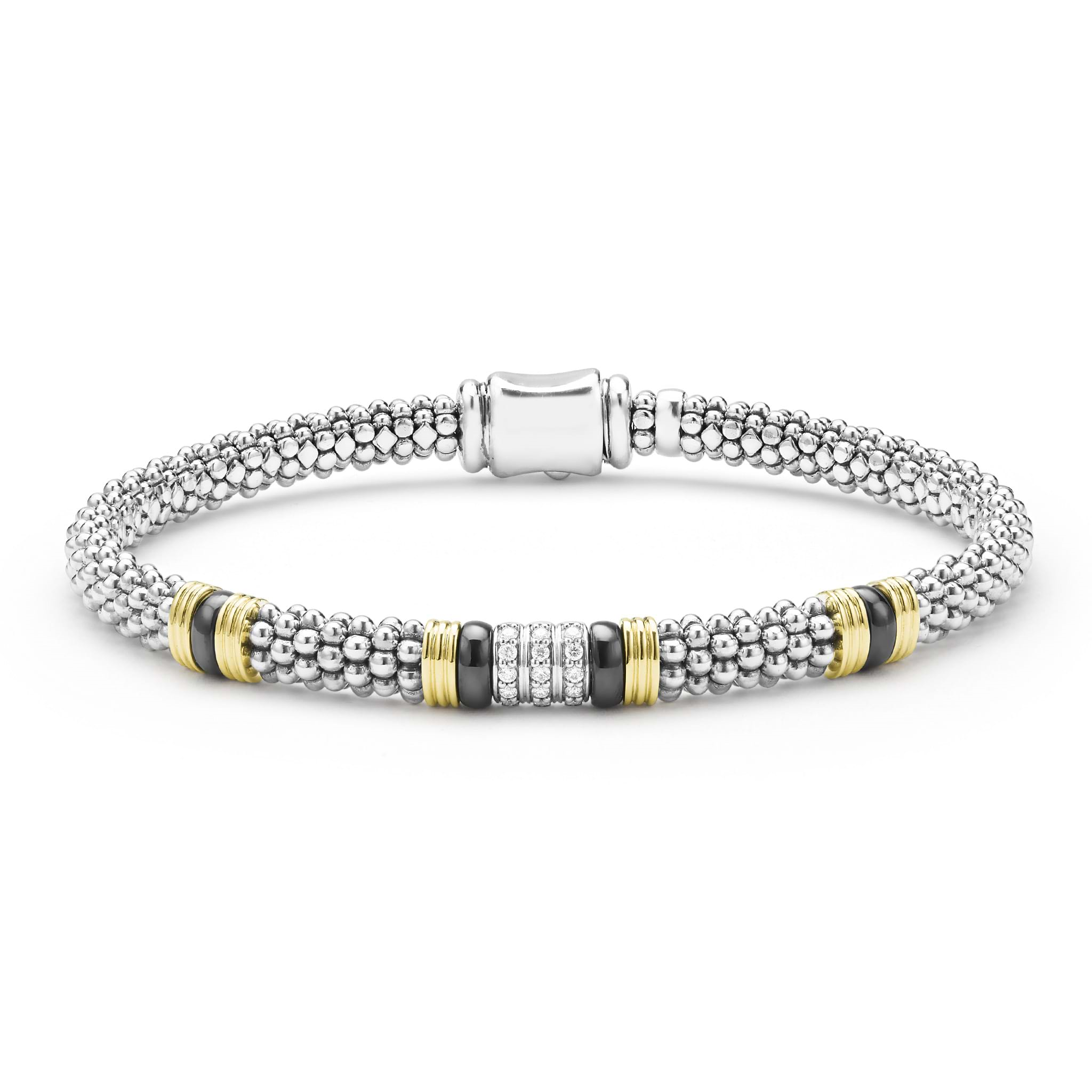 Lagos Sterling Silver & 18K Black Caviar Ceramic Diamond Station Bracelet