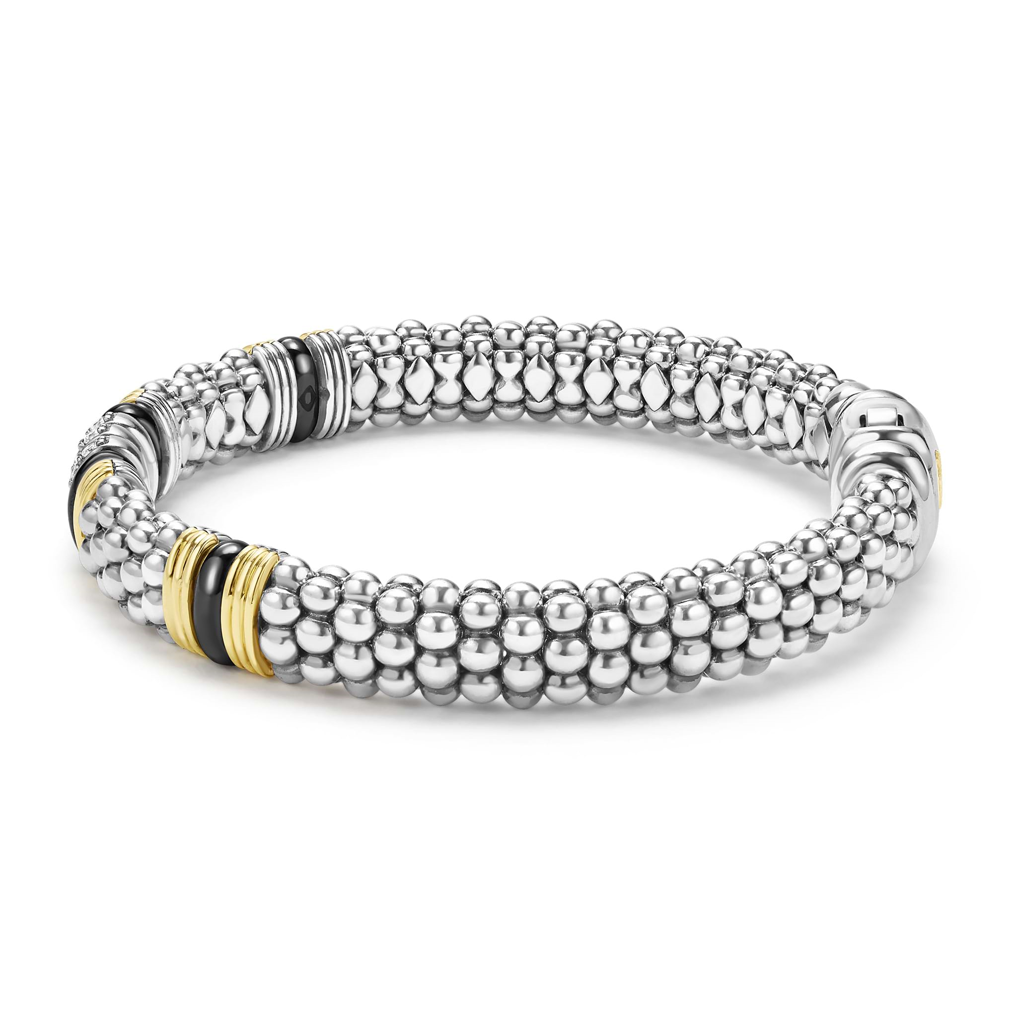 Lagos Sterling Silver & 18K Black Caviar Ceramic Fluted Station Diamond Bracelet