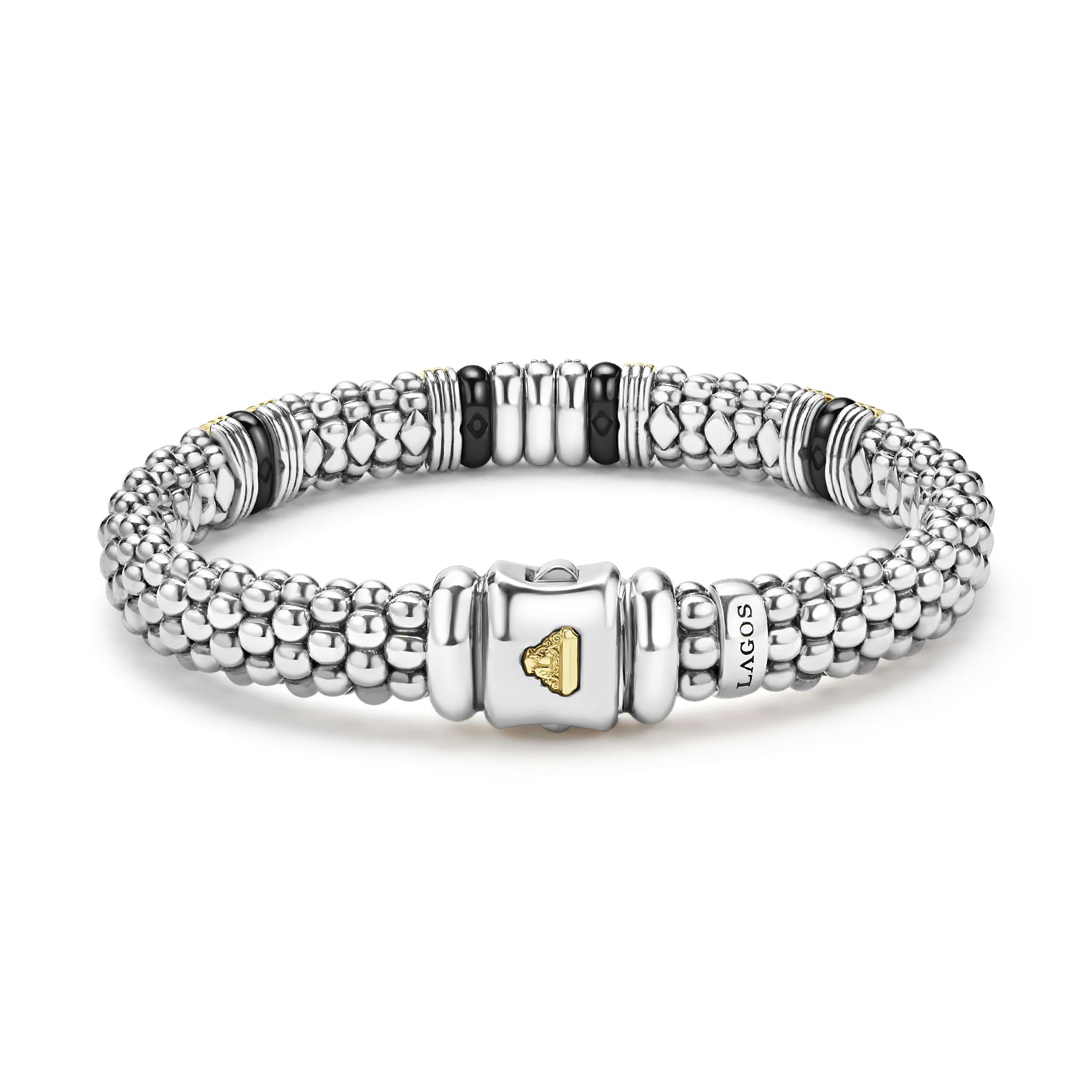Lagos Sterling Silver & 18K Black Caviar Ceramic Fluted Station Diamond Bracelet