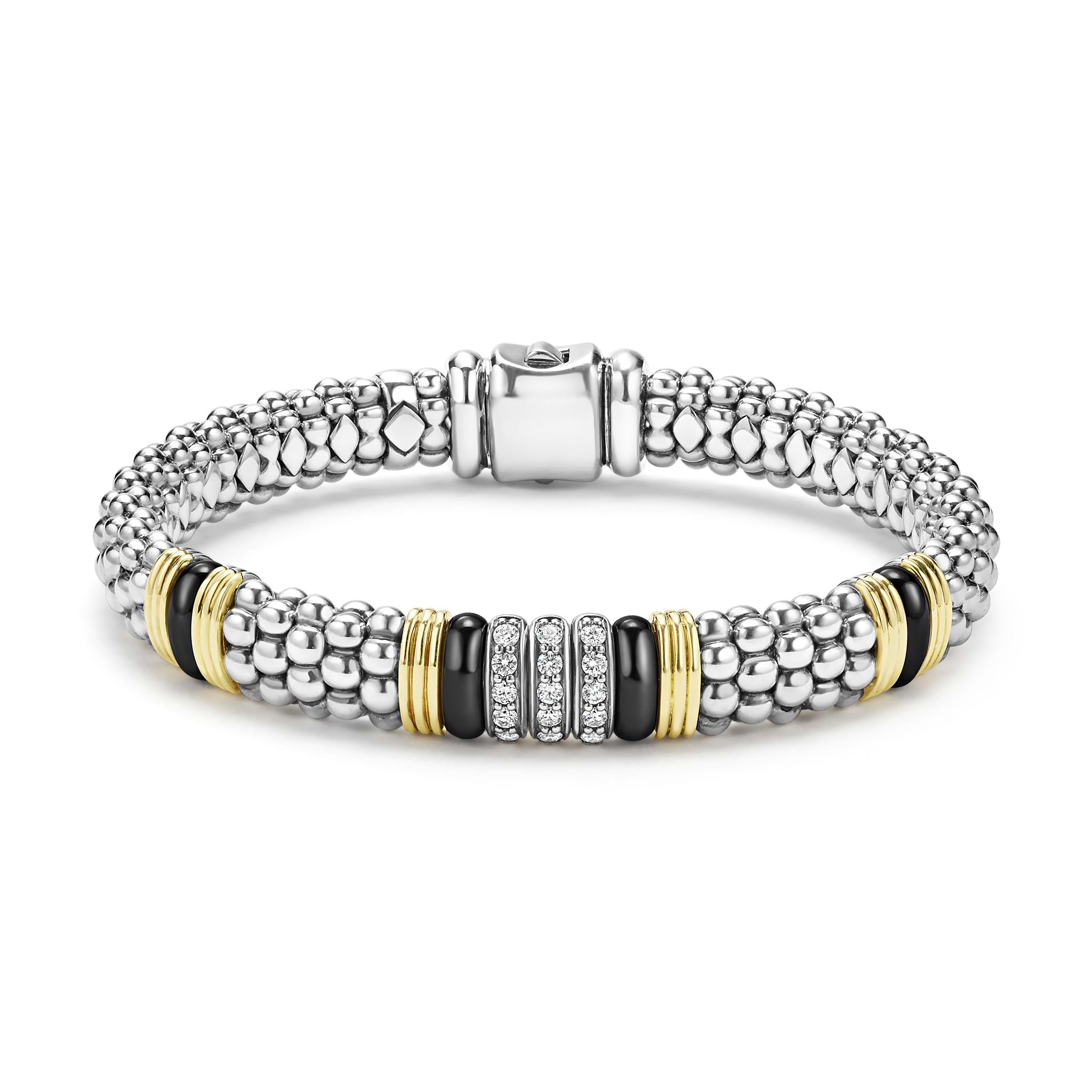Lagos Sterling Silver & 18K Black Caviar Ceramic Fluted Station Diamond Bracelet
