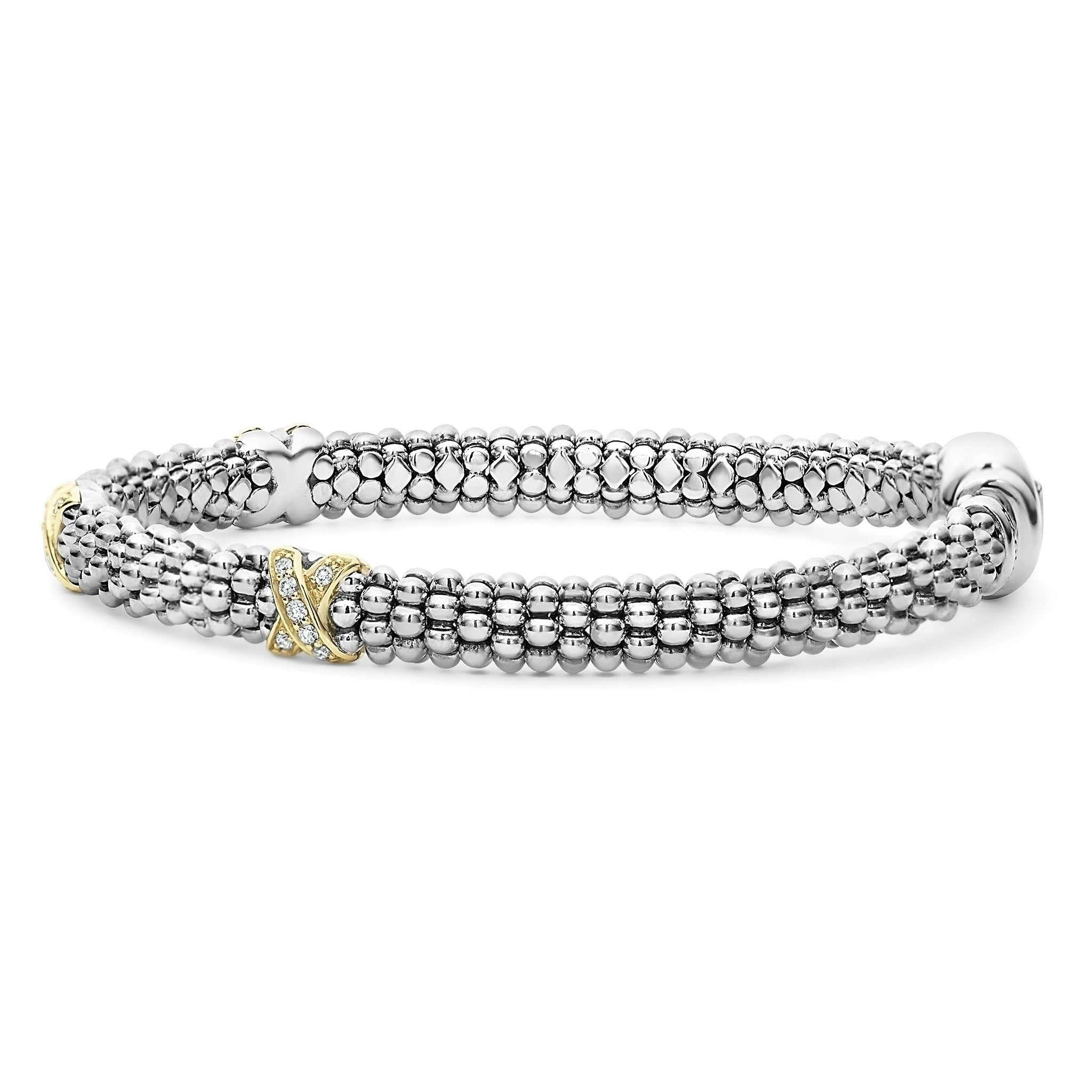 Lagos Sterling Silver and 18K Yellow Gold Station X Diamond Caviar 6mm Bracelet