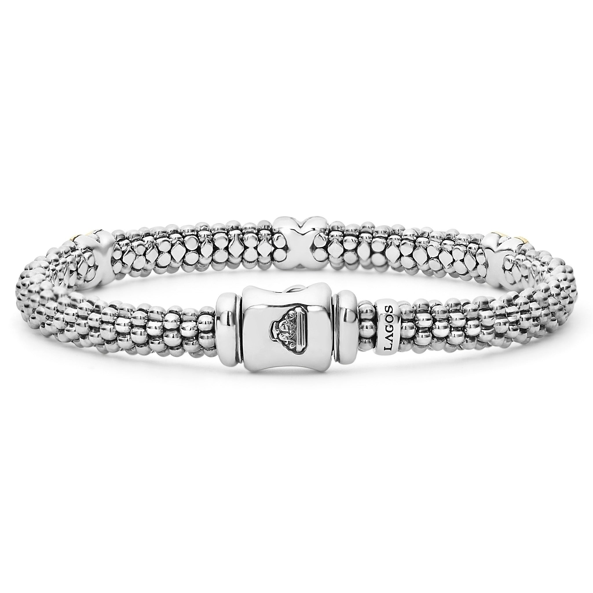 Lagos Sterling Silver and 18K Yellow Gold Station X Diamond Caviar 6mm Bracelet