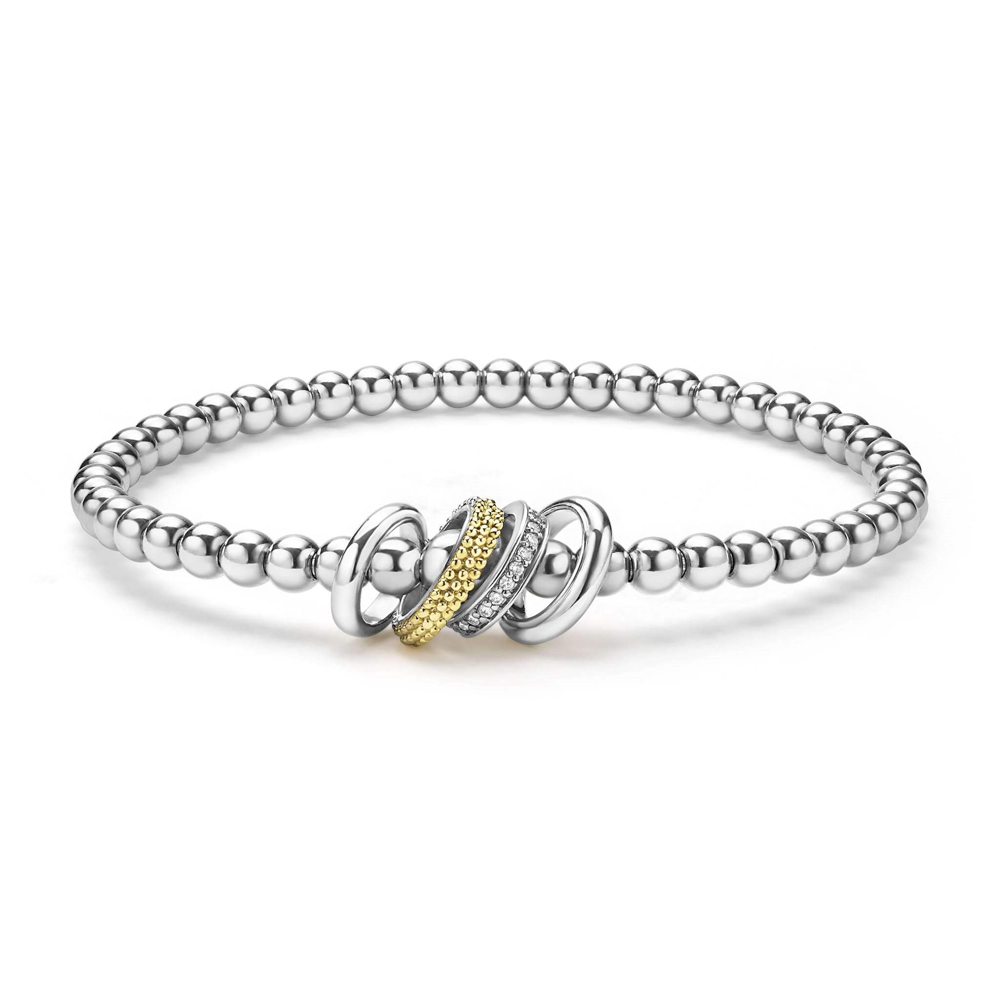 Lagos Sterling Silver & 18K Caviar Lux 4-Ring Diamond Stretch Bracelet