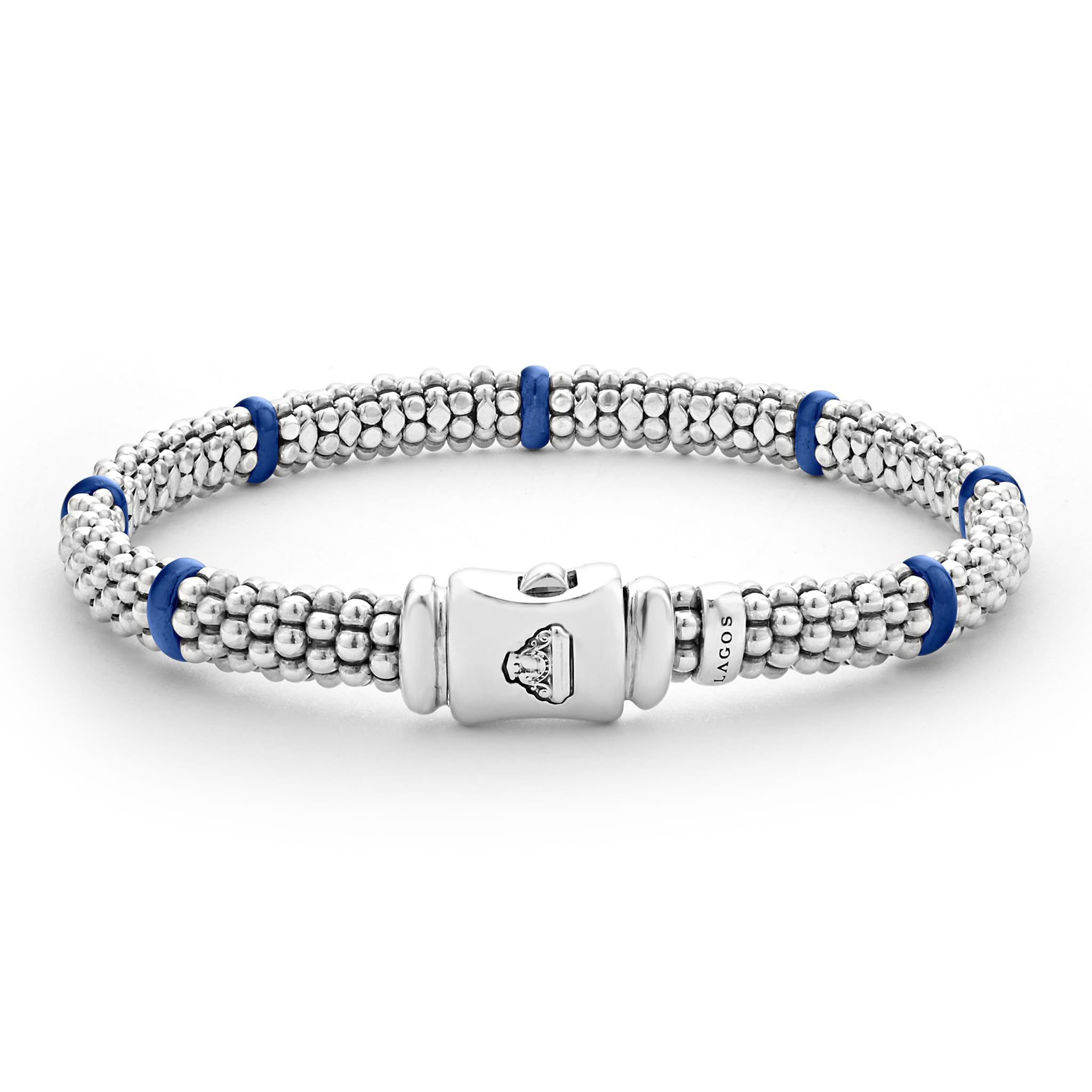 Lagos Sterling Silver Ultramarine Ceramic Station 6mm Caviar Rope Bracelet