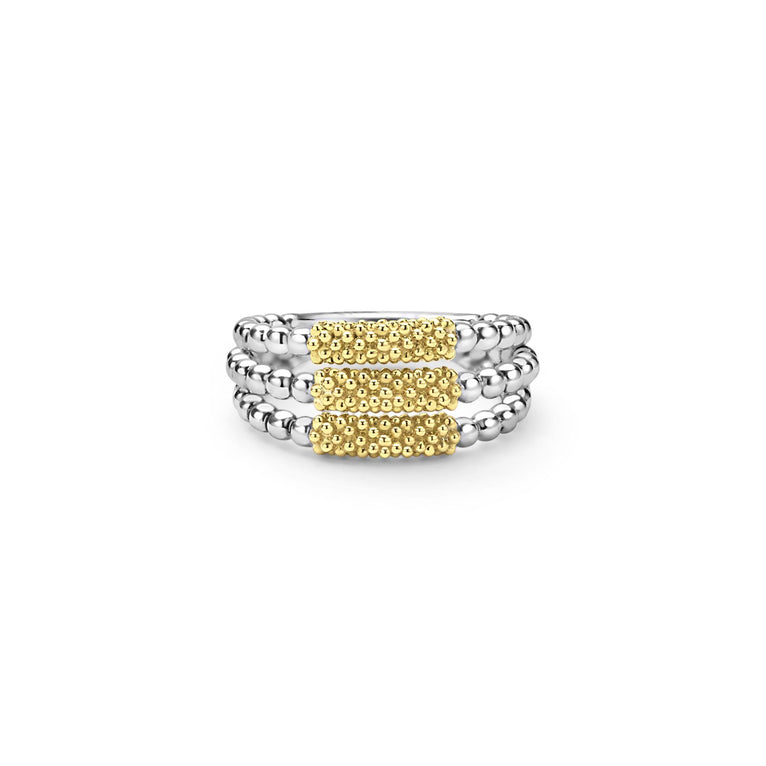 Lagos Sterling Silver & 18K Yellow Gold Caviar Tri-Bar Ring