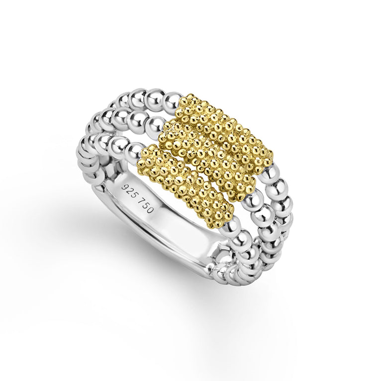 Lagos Sterling Silver & 18K Yellow Gold Caviar Tri-Bar Ring