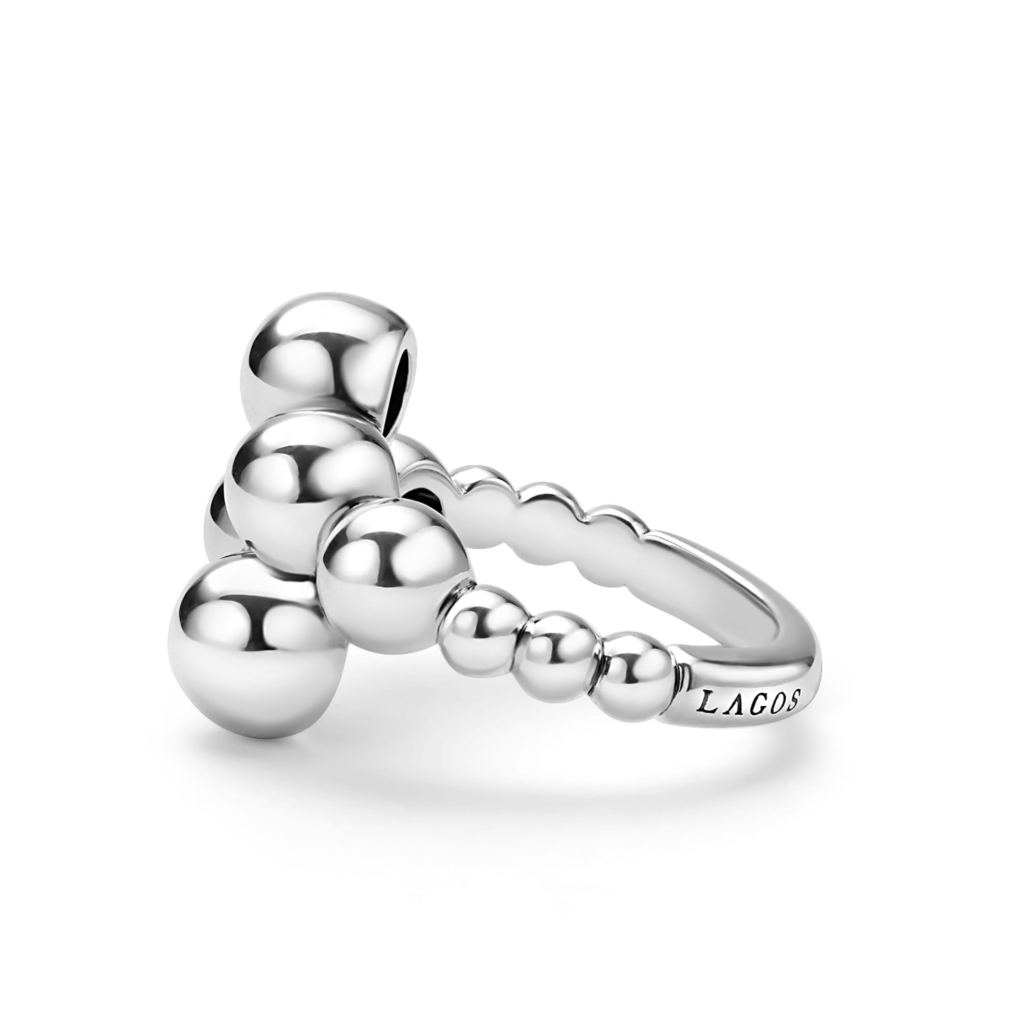 Lagos Sterling Silver Caviar Bubbly 17x3mm Crossover Beaded Bypass-Style Ring Size 7