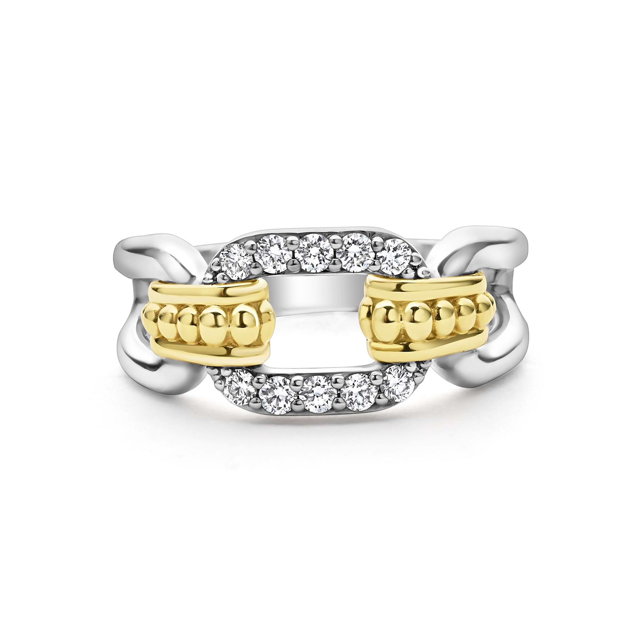 Lagos Sterling Silver & 18K Yellow Gold Signature Caviar Link Diamond Ring