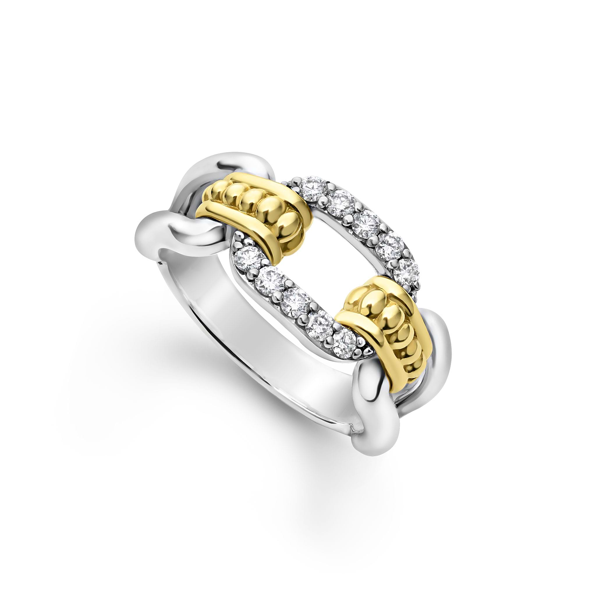 Lagos Sterling Silver & 18K Yellow Gold Signature Caviar Link Diamond Ring