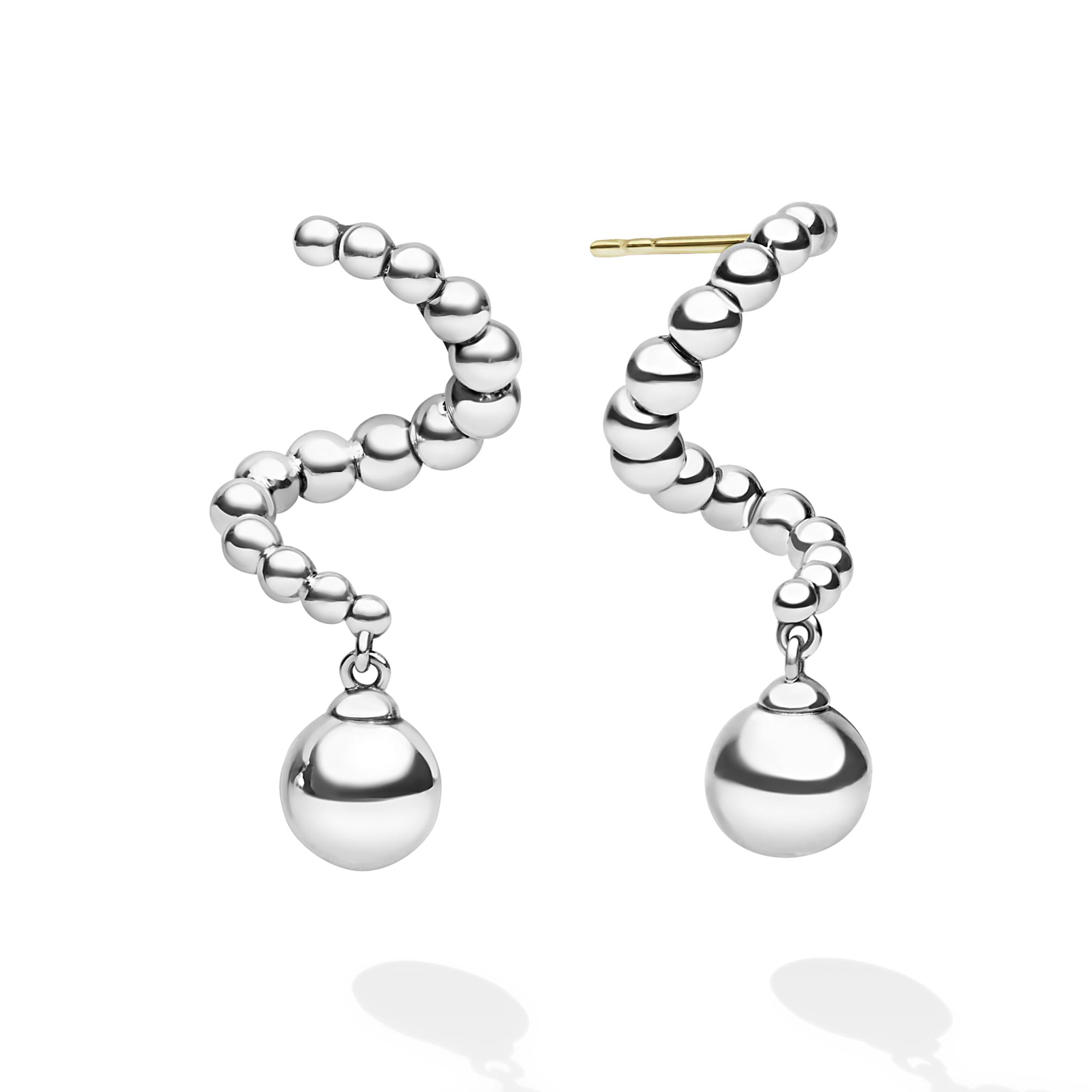 Lagos Sterling Silver Caviar Beaded 28x15mm Drop Earrings with 14K Yellow Gold Post