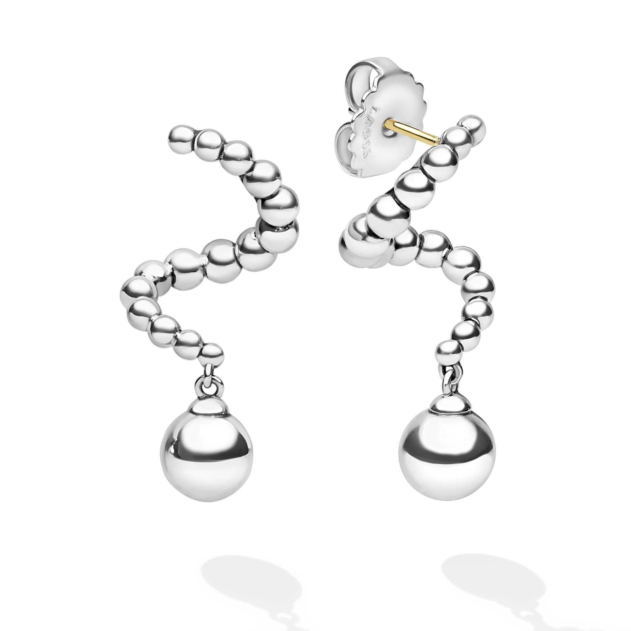 Lagos Sterling Silver Caviar Beaded 28x15mm Drop Earrings with 14K Yellow Gold Post