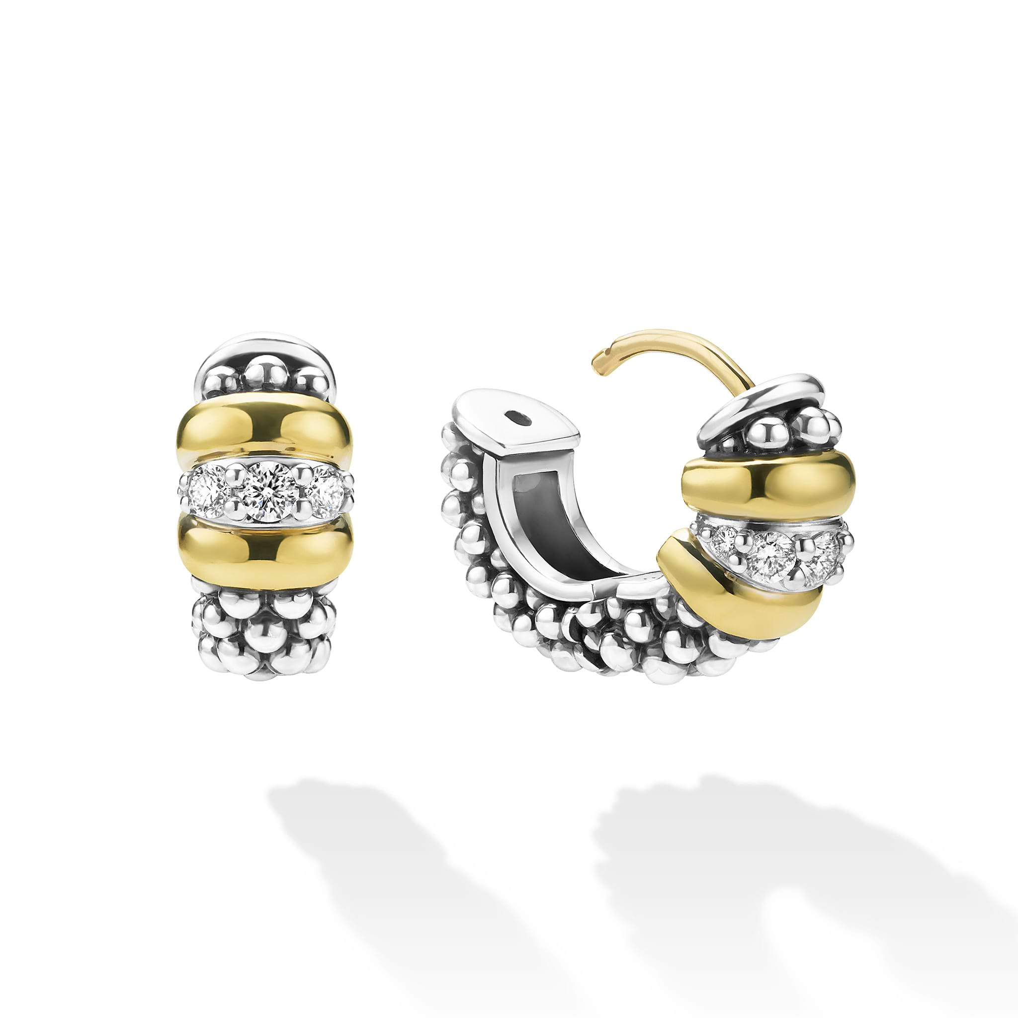Lagos Sterling Silver & 18K Signature Caviar Beaded Diamond Huggies