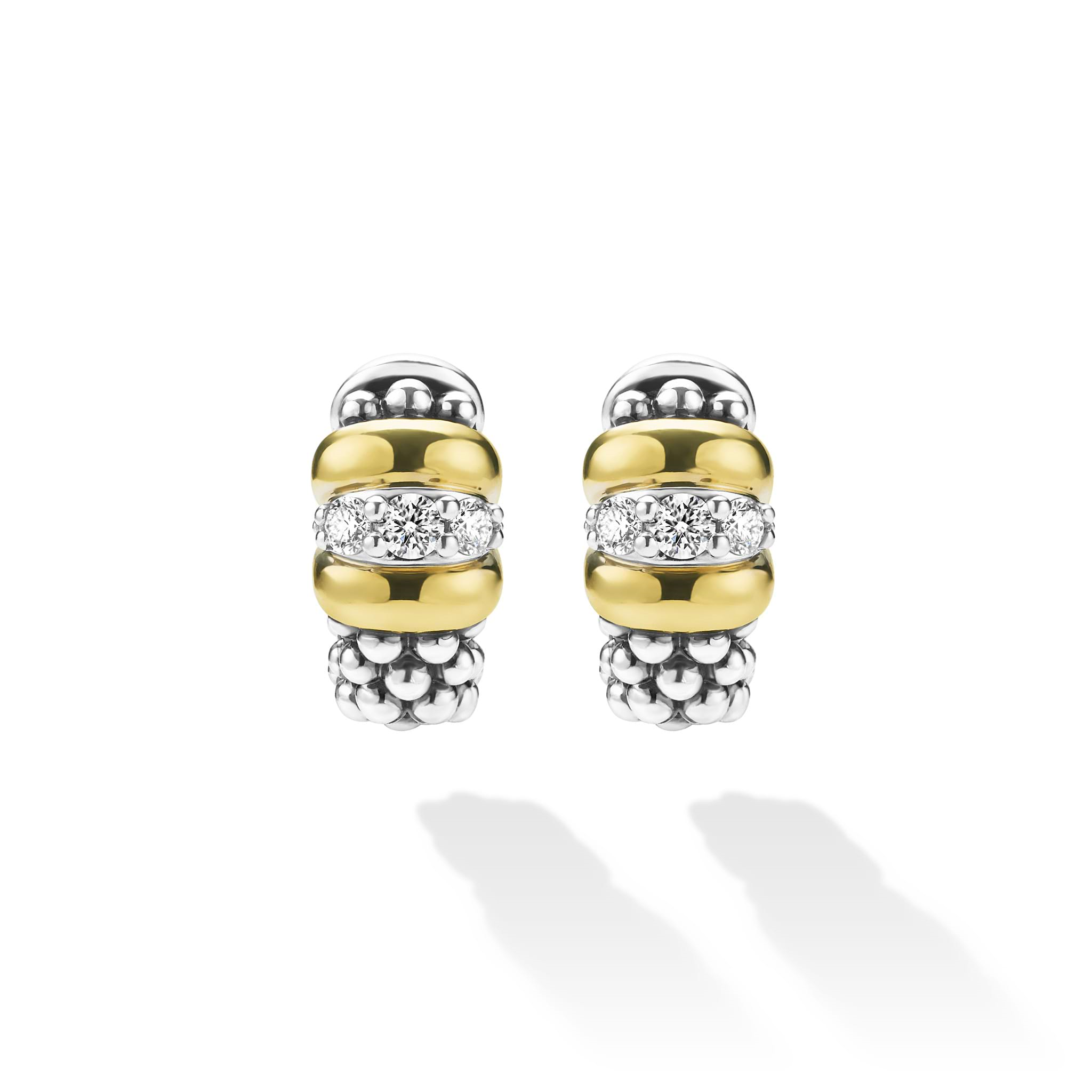 Lagos Sterling Silver & 18K Signature Caviar Beaded Diamond Huggies